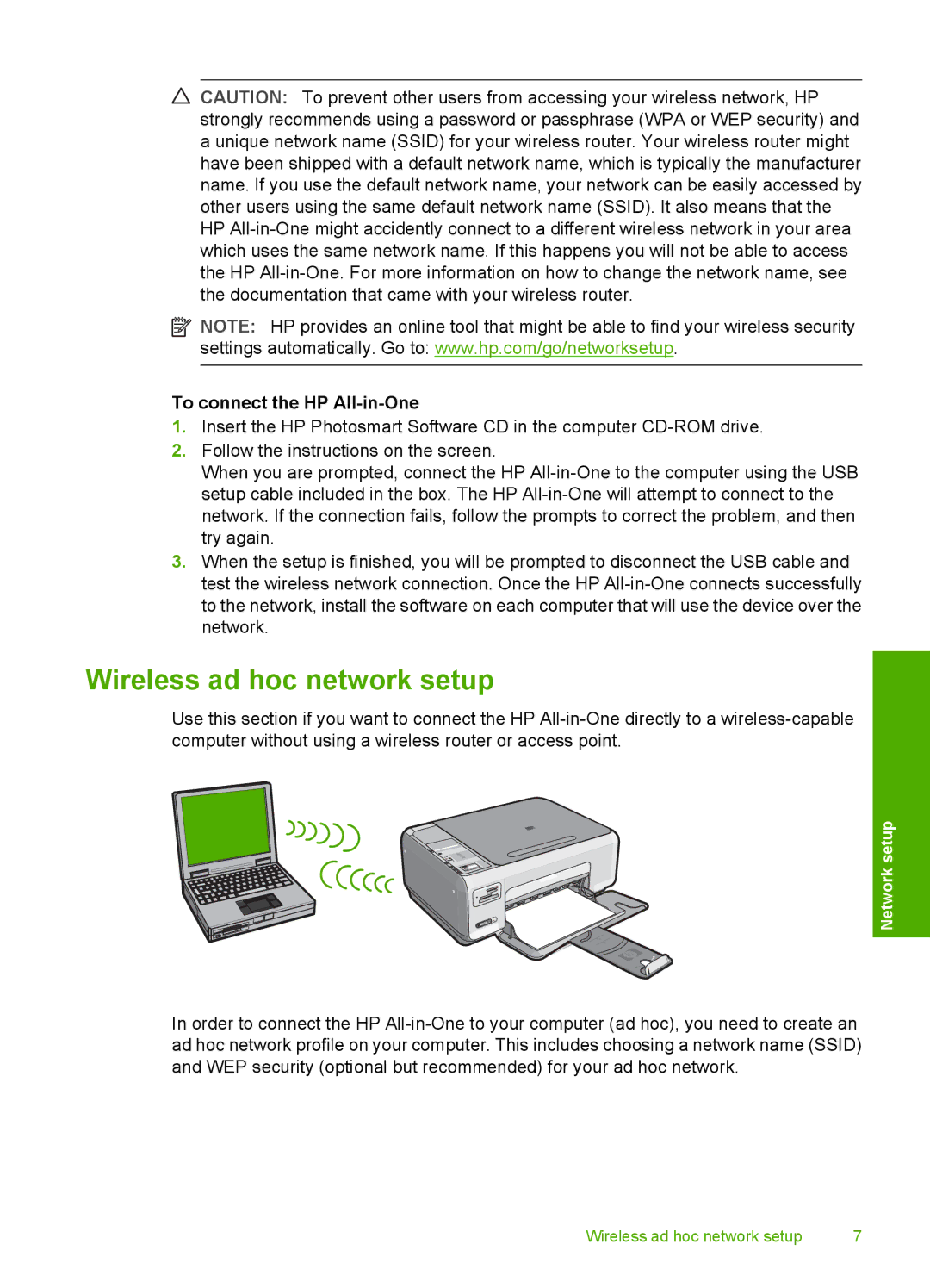 HP C4380, C4390, C4385 manual Wireless ad hoc network setup, To connect the HP All-in-One 