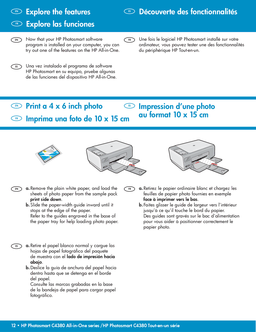 HP C4380, C4390 manual Print a 4 x 6 inch photo Imprima una foto de 10 x 15 cm 