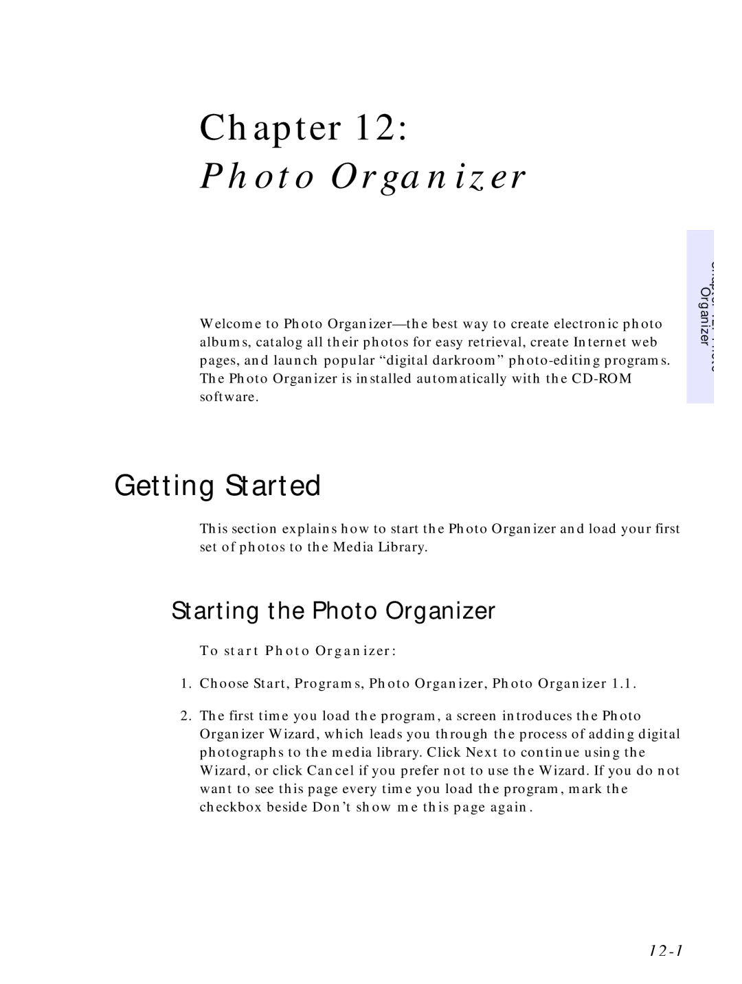 HP C4381-90100 manual Getting Started, Starting the Photo Organizer, 12-1 