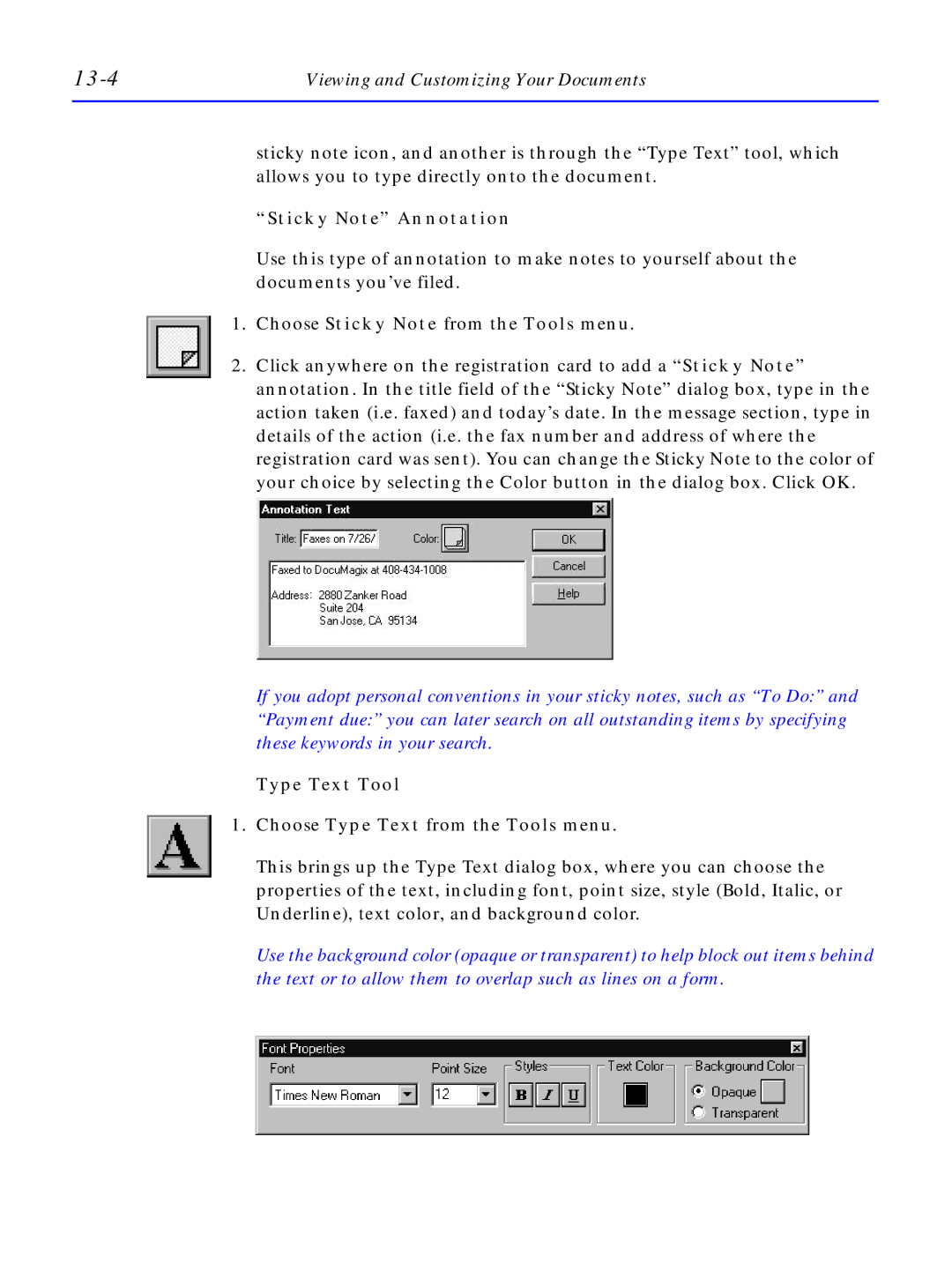 HP C4381-90100 manual 13-4, Sticky Note Annotation, Type Text Tool 