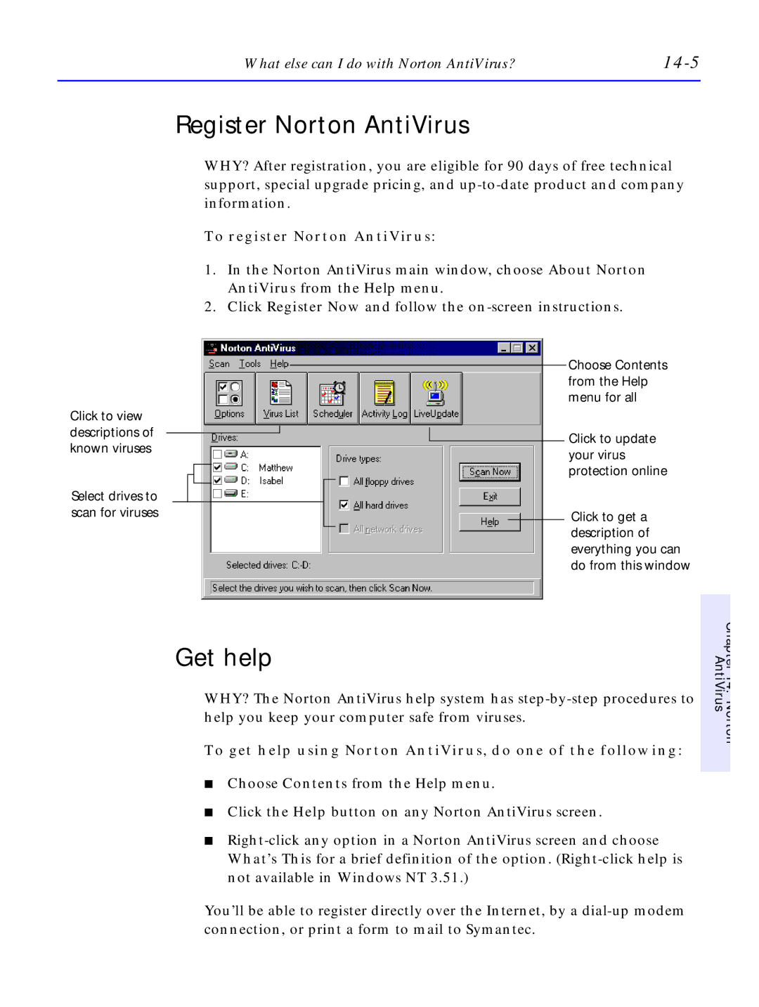 HP C4381-90100 manual Register Norton AntiVirus, Get help, 14-5, To register Norton AntiVirus 