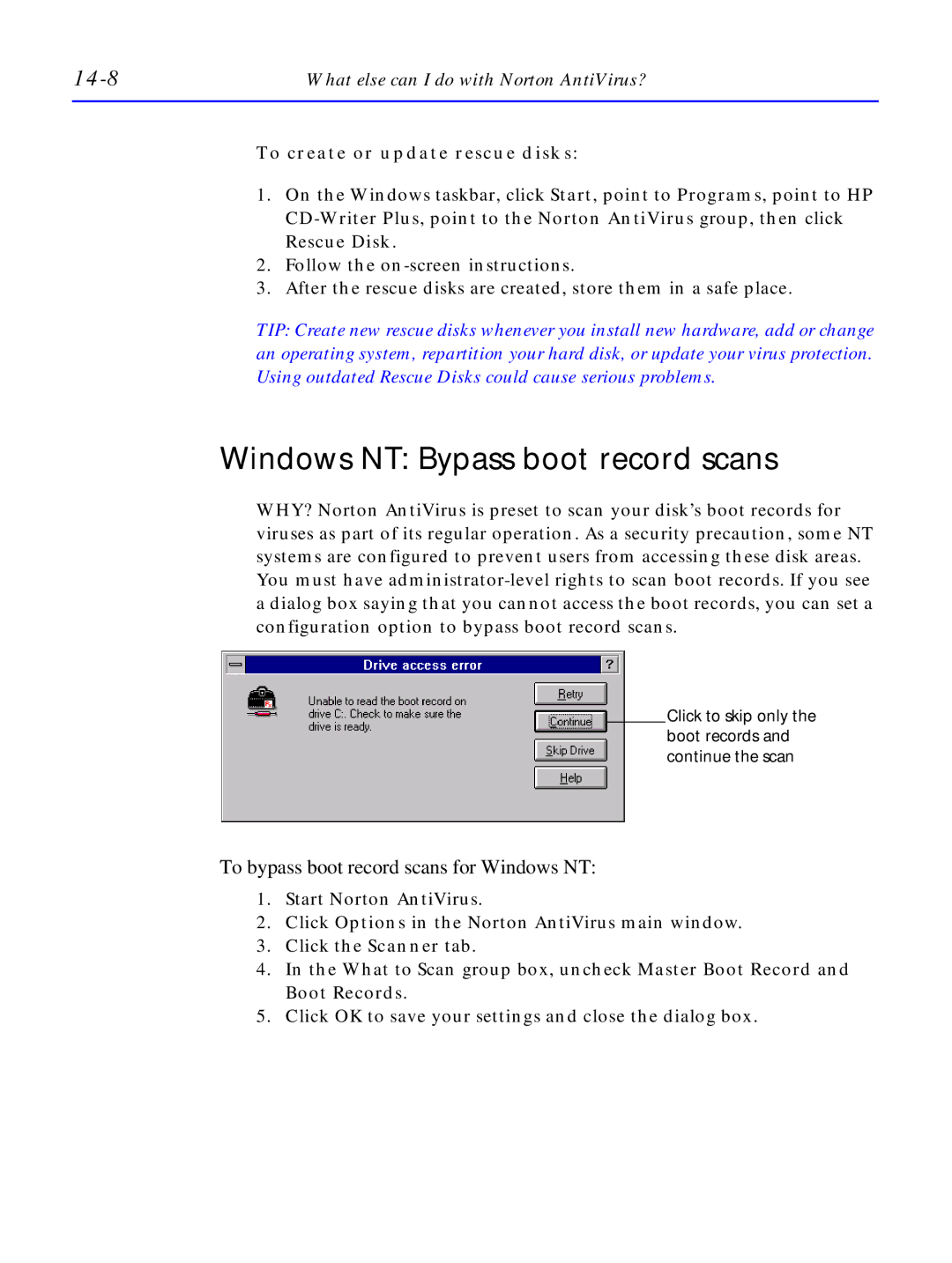 HP C4381-90100 manual Windows NT Bypass boot record scans, 14-8, To create or update rescue disks 