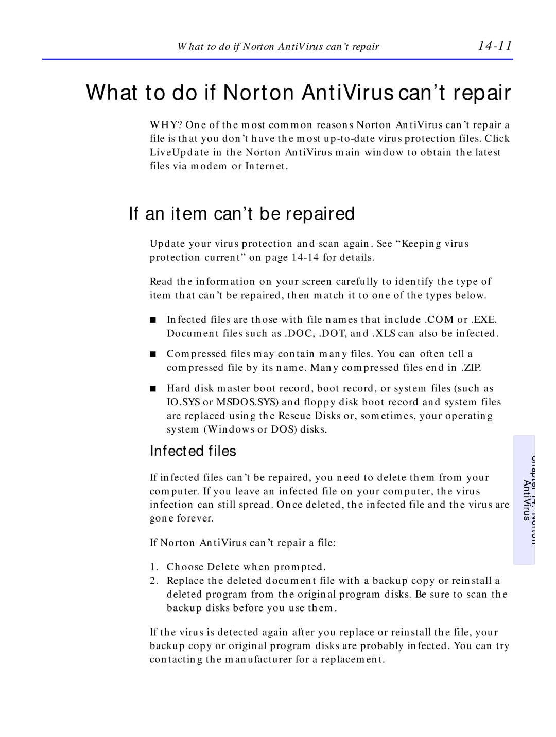 HP C4381-90100 manual What to do if Norton AntiVirus can’t repair, If an item can’t be repaired, Infected files, 14-11 