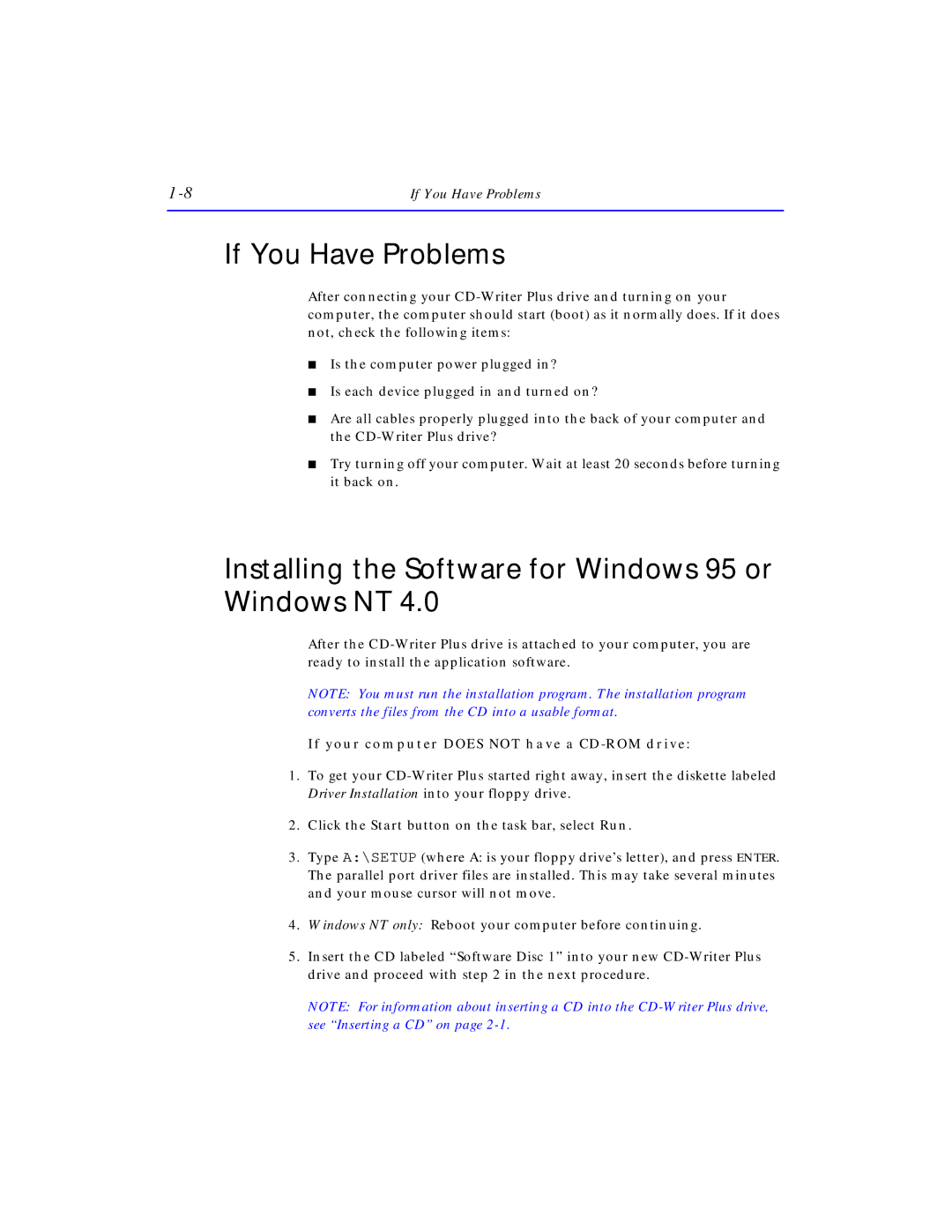 HP C4381-90100 manual If You Have Problems, Installing the Software for Windows 95 or Windows NT 