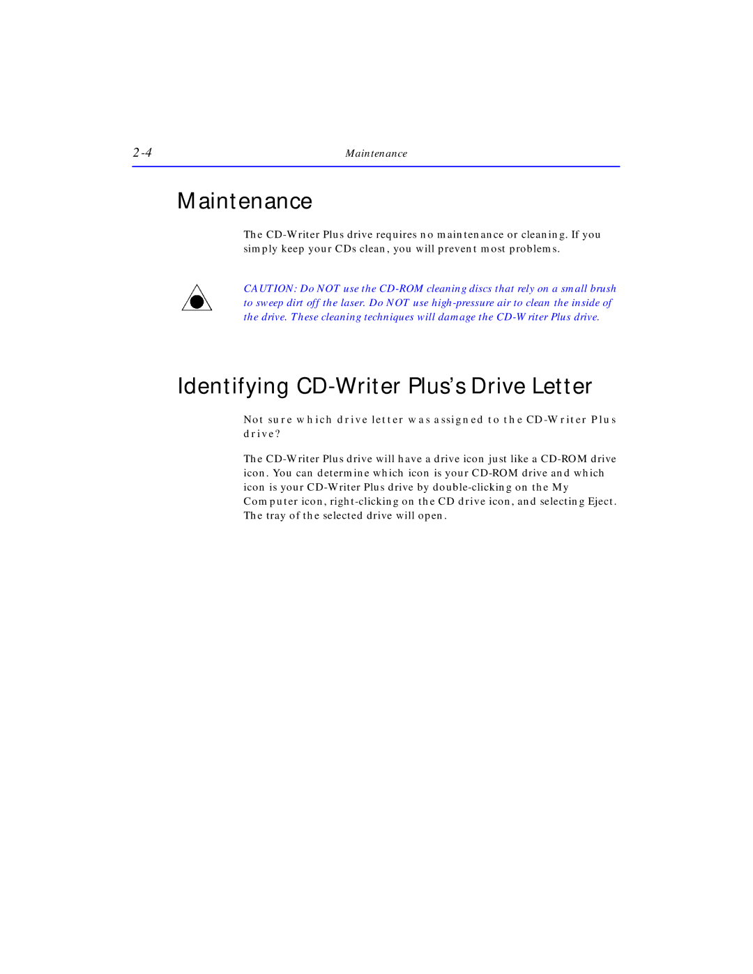 HP C4381-90100 manual Maintenance, Identifying CD-Writer Plus’s Drive Letter 