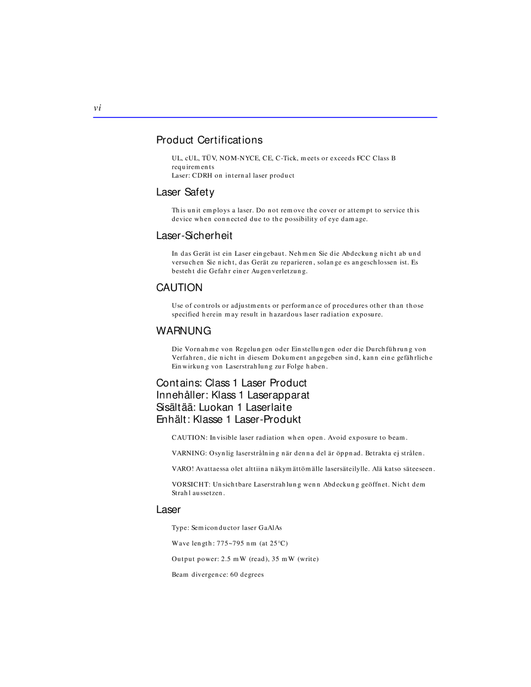 HP C4381-90100 manual Product Certifications, Laser Safety, Laser-Sicherheit 