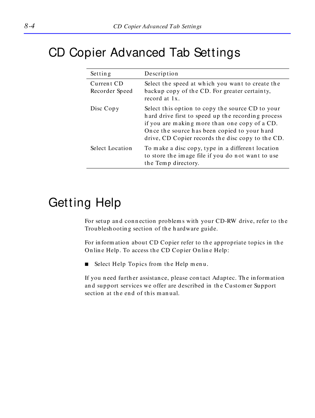 HP C4381-90100 manual CD Copier Advanced Tab Settings, Setting Description 