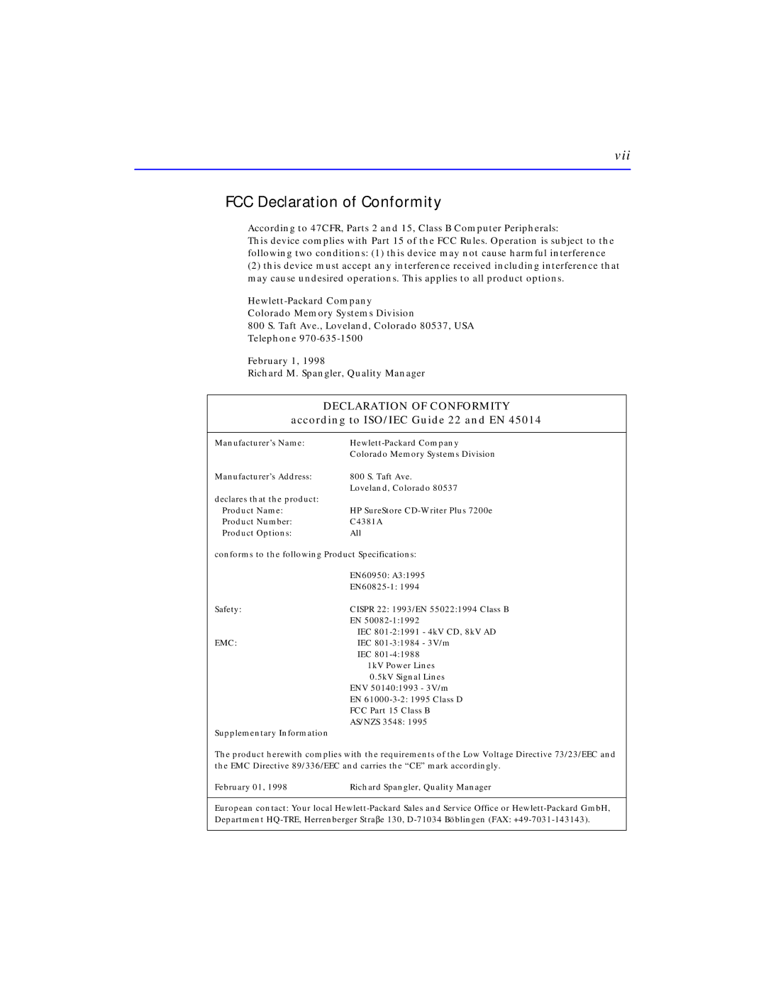 HP C4381-90100 manual FCC Declaration of Conformity, According to ISO/IEC Guide 22 and EN 