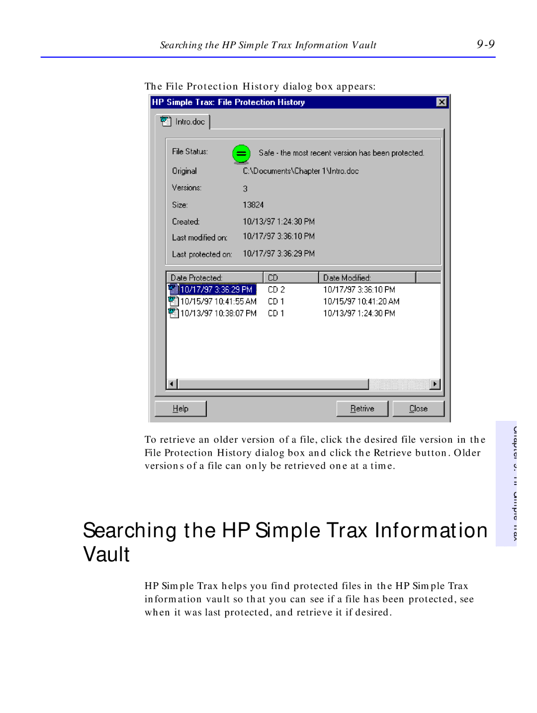 HP C4381-90100 manual Searching the HP Simple Trax Information Vault, File Protection History dialog box appears 