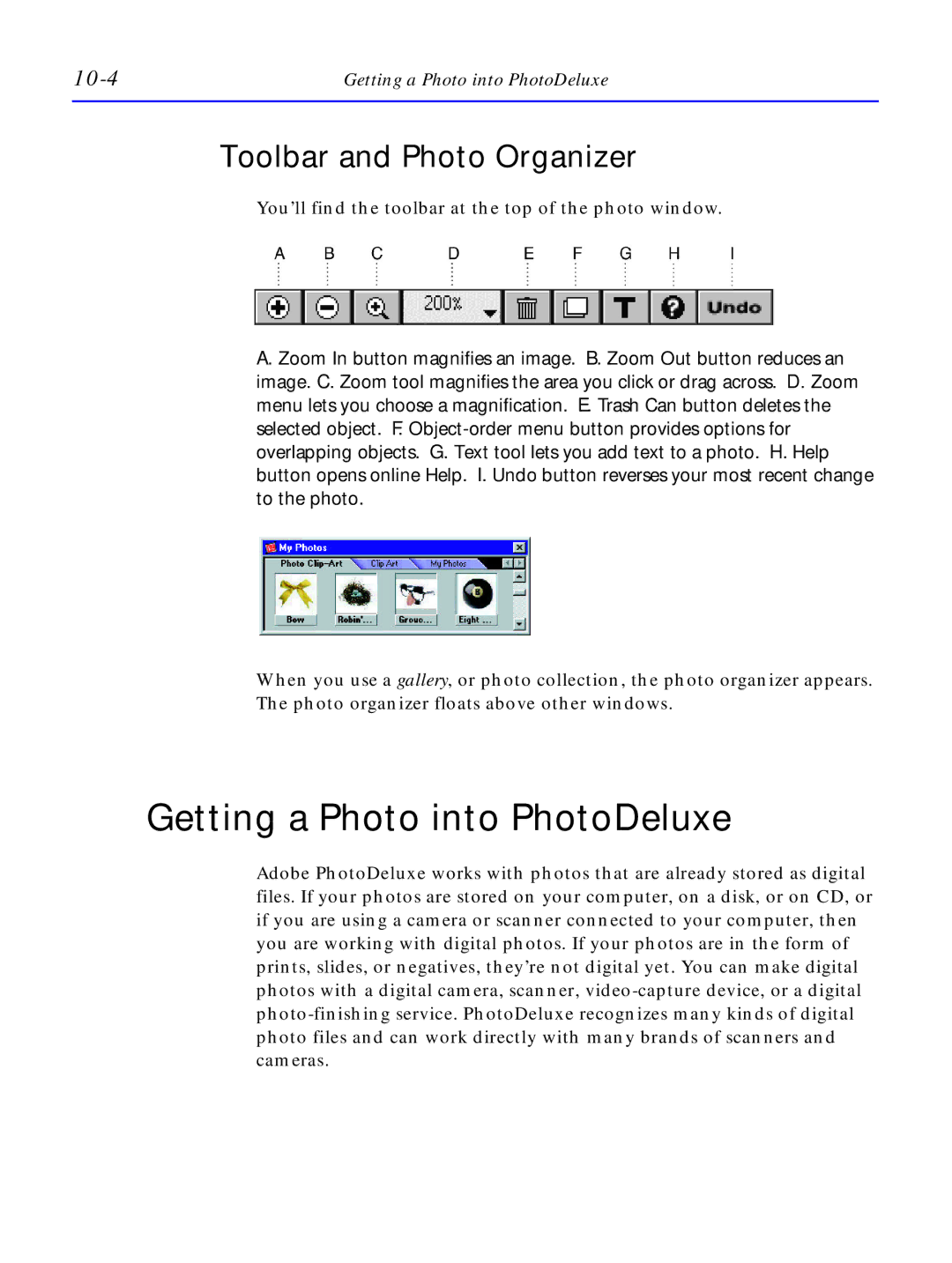 HP C4381-90100 manual Getting a Photo into PhotoDeluxe, Toolbar and Photo Organizer, 10-4 