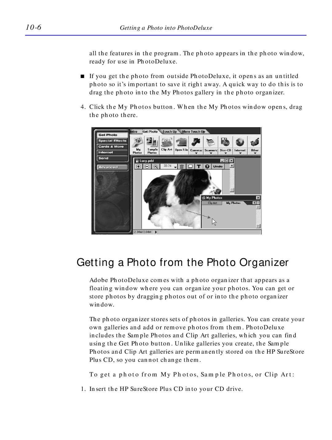 HP C4381-90100 Getting a Photo from the Photo Organizer, 10-6, To get a photo from My Photos, Sample Photos, or Clip Art 