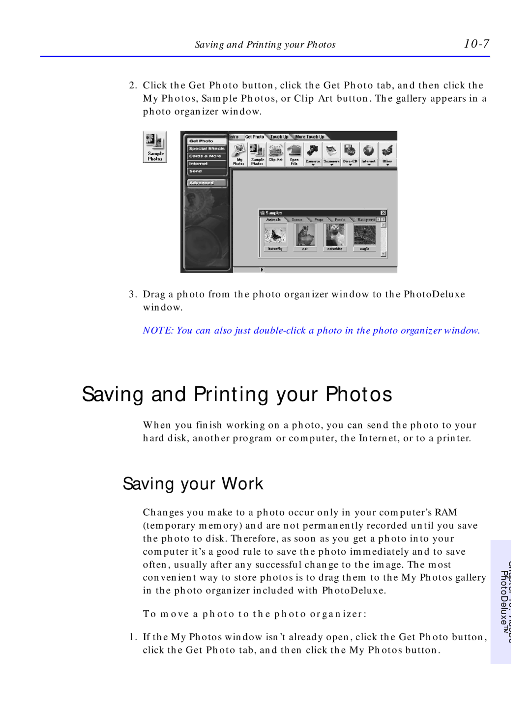 HP C4381-90100 manual Saving and Printing your Photos, Saving your Work, 10-7, To move a photo to the photo organizer 