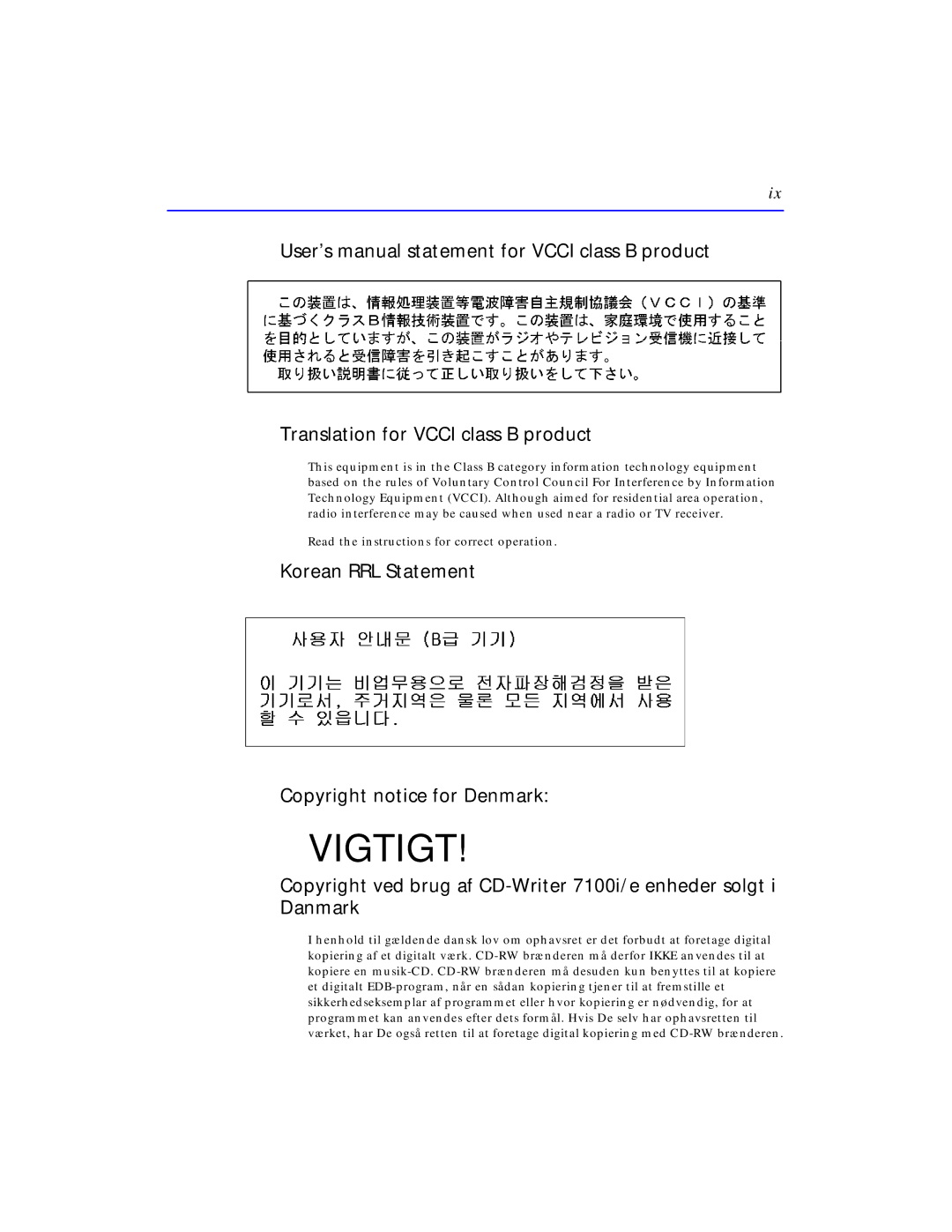 HP C4381-90100 manual Vigtigt, Korean RRL Statement Copyright notice for Denmark 