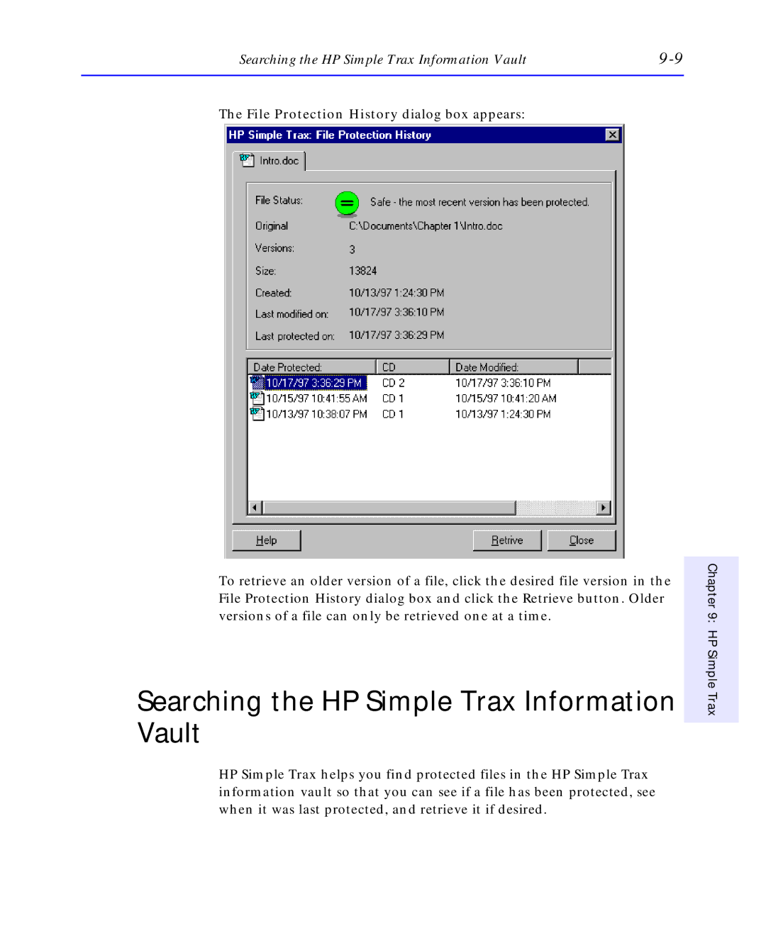 HP C4392-90100 manual Searching the HP Simple Trax Information Vault, File Protection History dialog box appears 