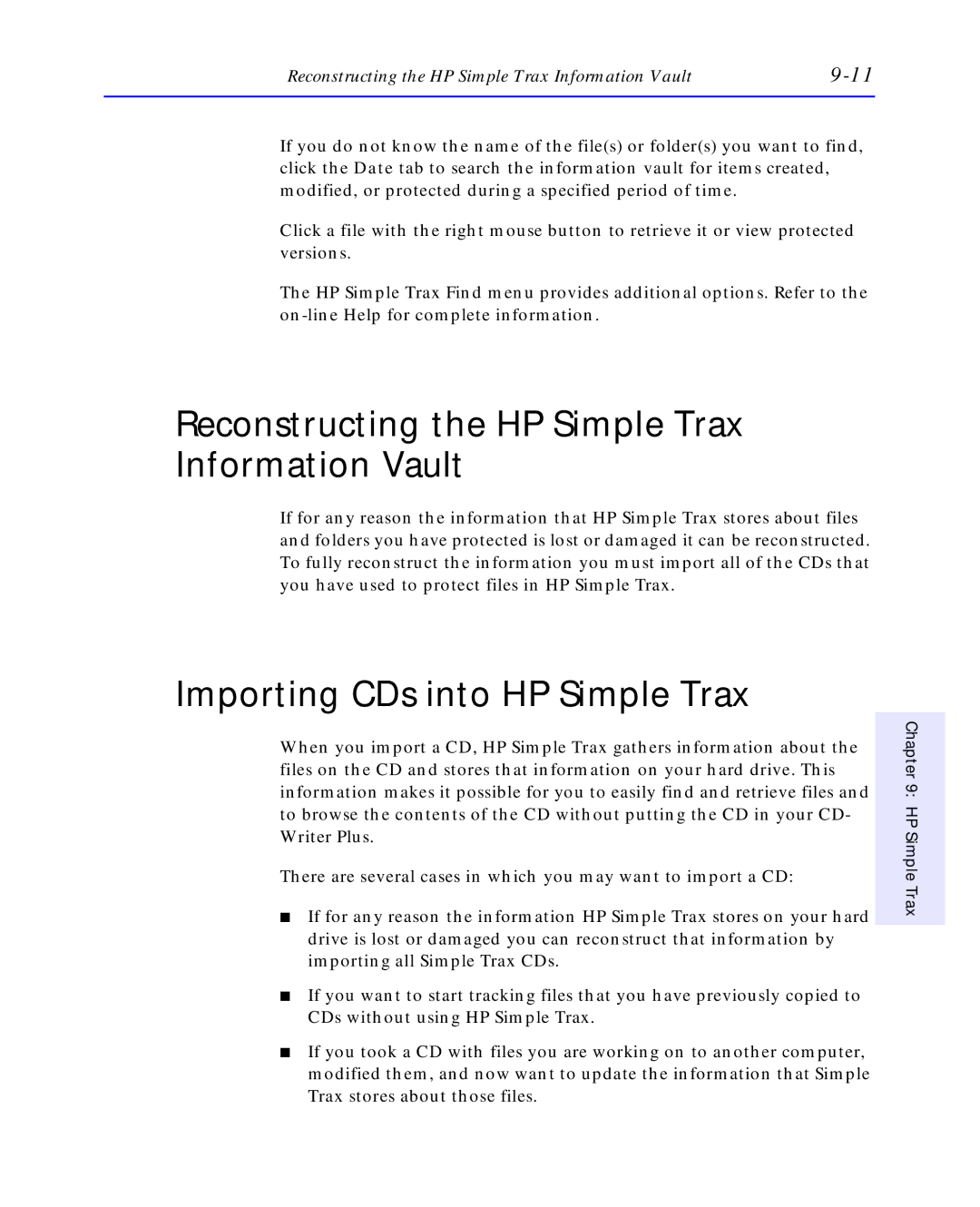 HP C4392-90100 manual Reconstructing the HP Simple Trax Information Vault, Importing CDs into HP Simple Trax 