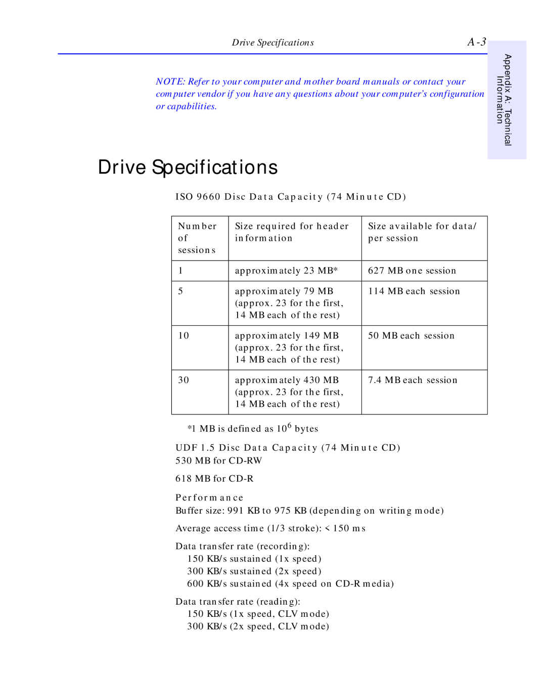 HP C4392-90100 manual Drive Specifications, UDF 1.5 Disc Data Capacity 74 Minute CD, Performance 