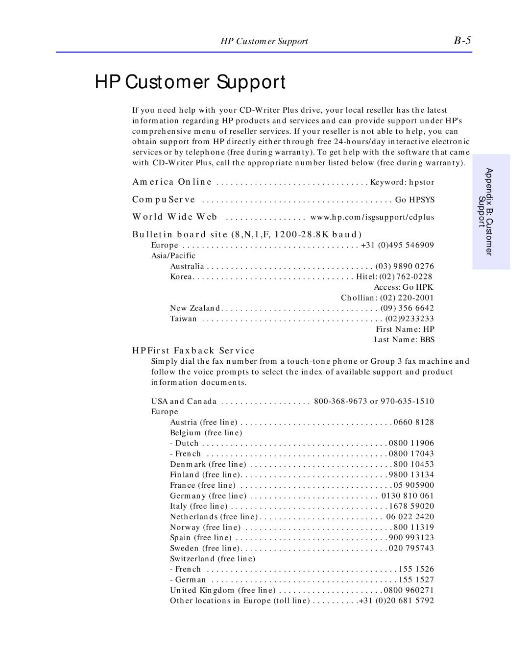 HP C4392-90100 manual HP Customer Support, Bulletin board site 8,N,1,F, 1200-28.8K baud, HPFirst Faxback Service 