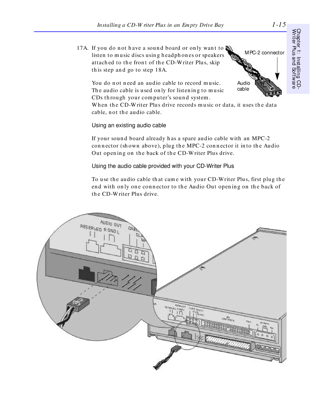 HP C4392-90100 manual Using an existing audio cable, Using the audio cable provided with your CD-Writer Plus 