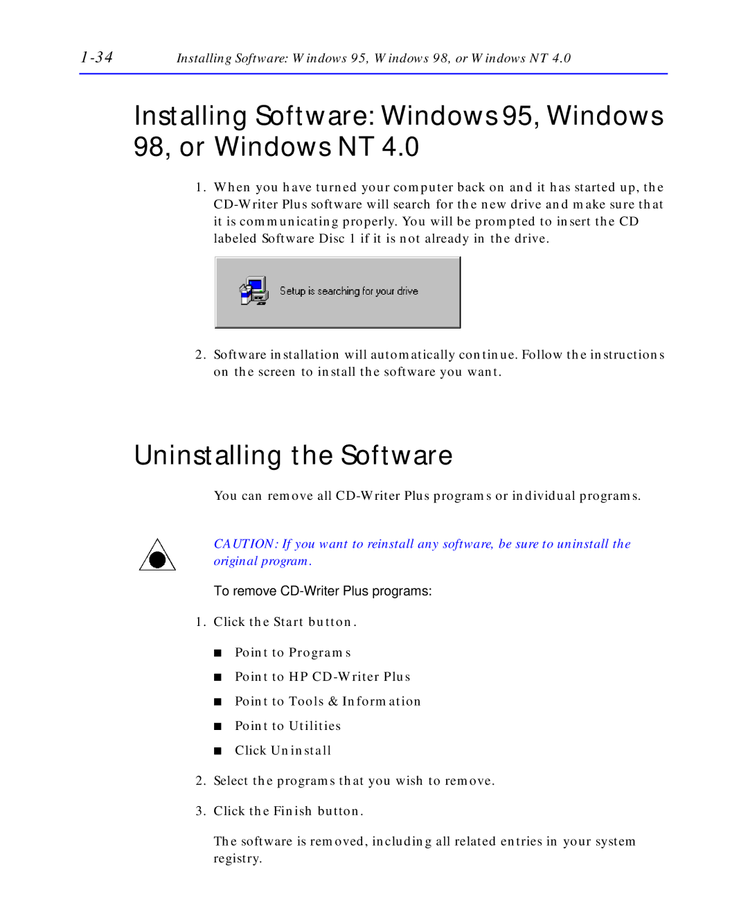 HP C4392-90100 manual Installing Software Windows 95, Windows 98, or Windows NT, Uninstalling the Software, Click Uninstall 