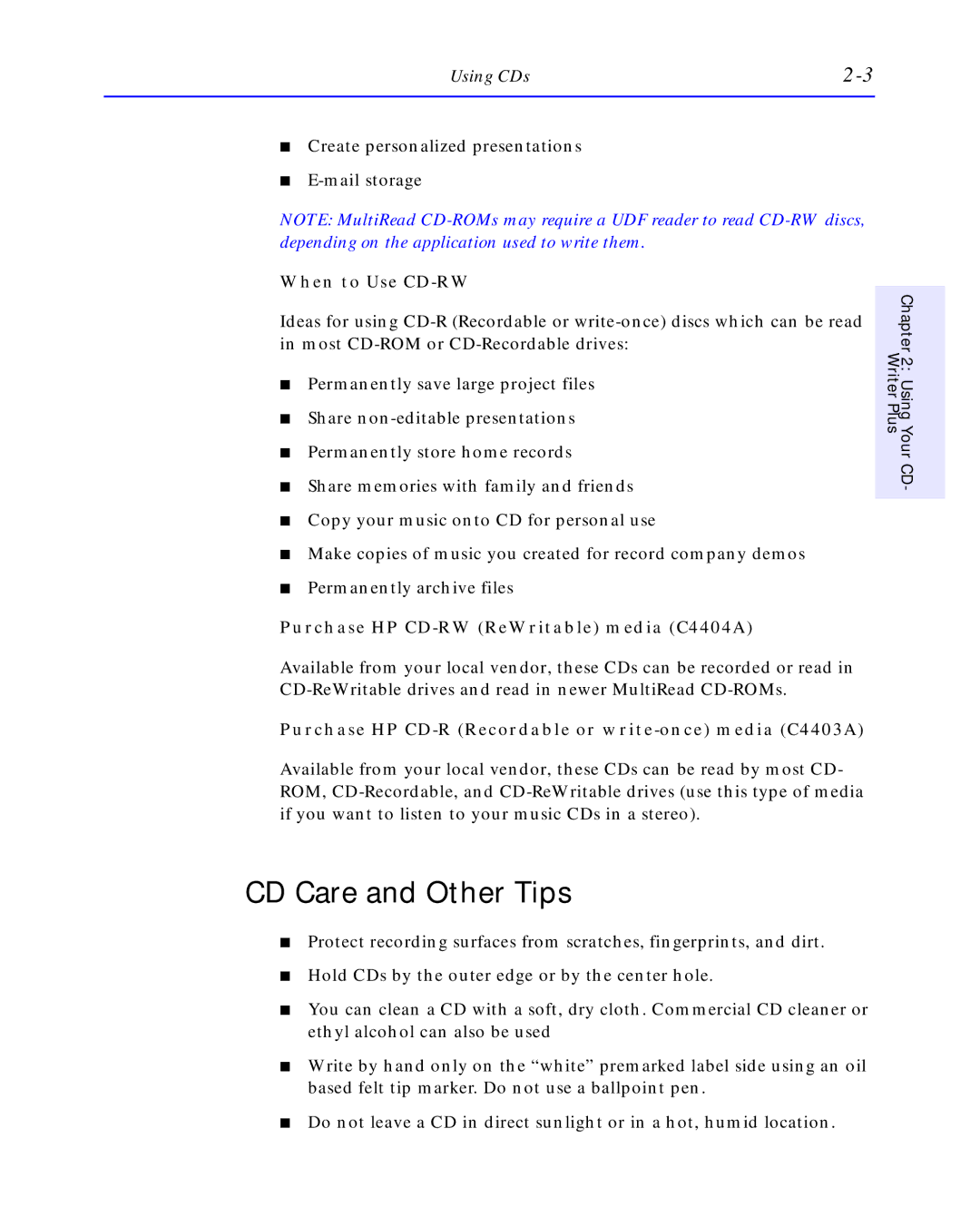 HP C4392-90100 manual CD Care and Other Tips, Purchase HP CD-RW ReWritable media C4404A 