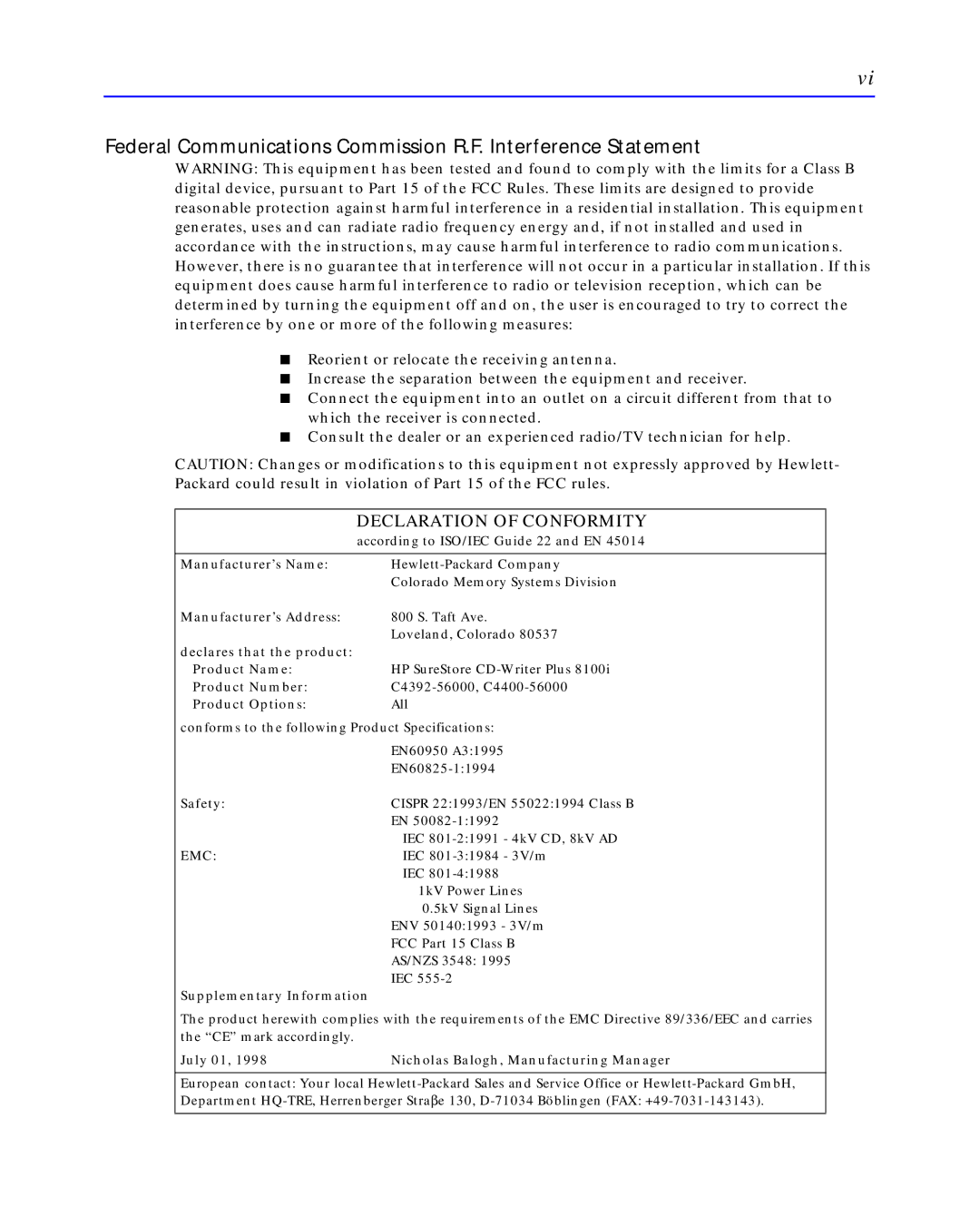 HP C4392-90100 manual Declaration of Conformity 