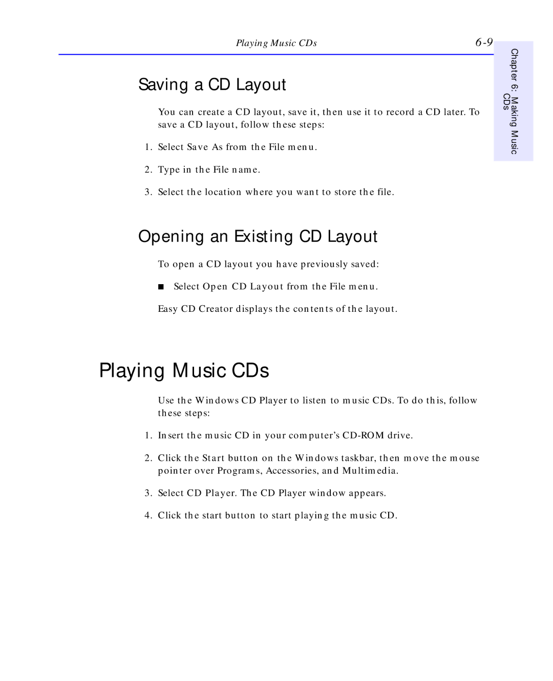 HP C4392-90100 manual Playing Music CDs, Saving a CD Layout, Opening an Existing CD Layout 