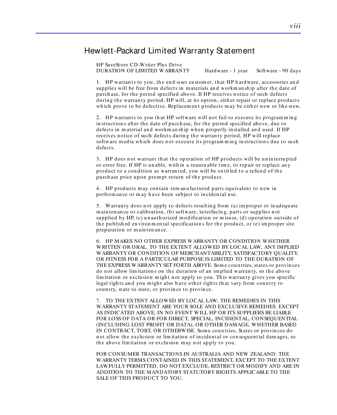 HP C4392-90100 manual Hewlett-Packard Limited Warranty Statement 