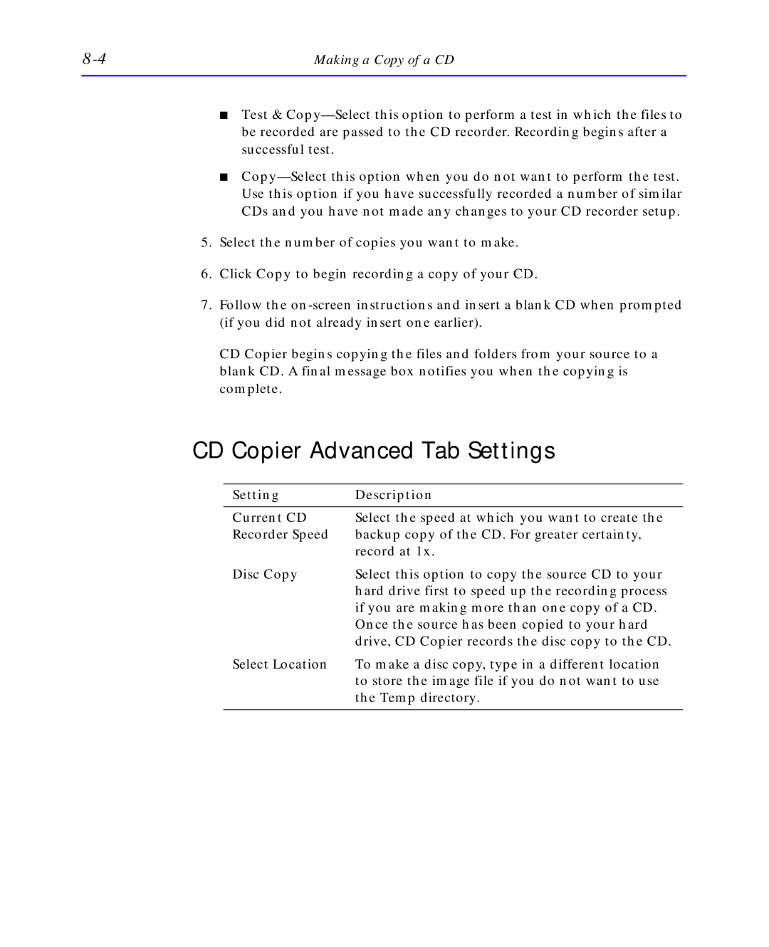 HP C4392-90100 manual CD Copier Advanced Tab Settings, Setting Description 