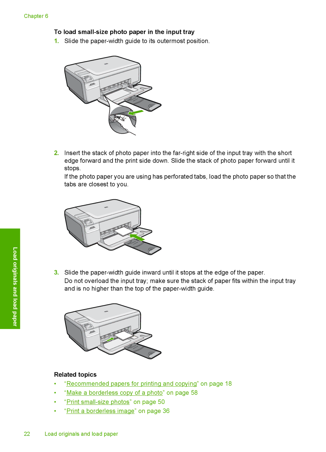 HP C4472, C4485, C4435, C4440 manual To load small-size photo paper in the input tray, Related topics 