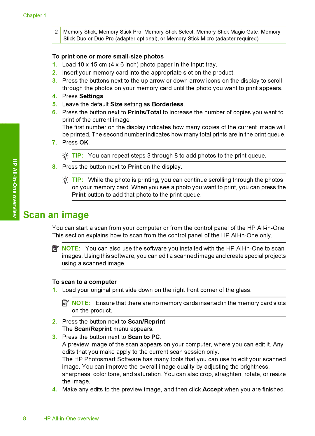 HP C4485, C4472, C4480, C4435 Scan an image, To print one or more small-size photos, Press Settings, To scan to a computer 