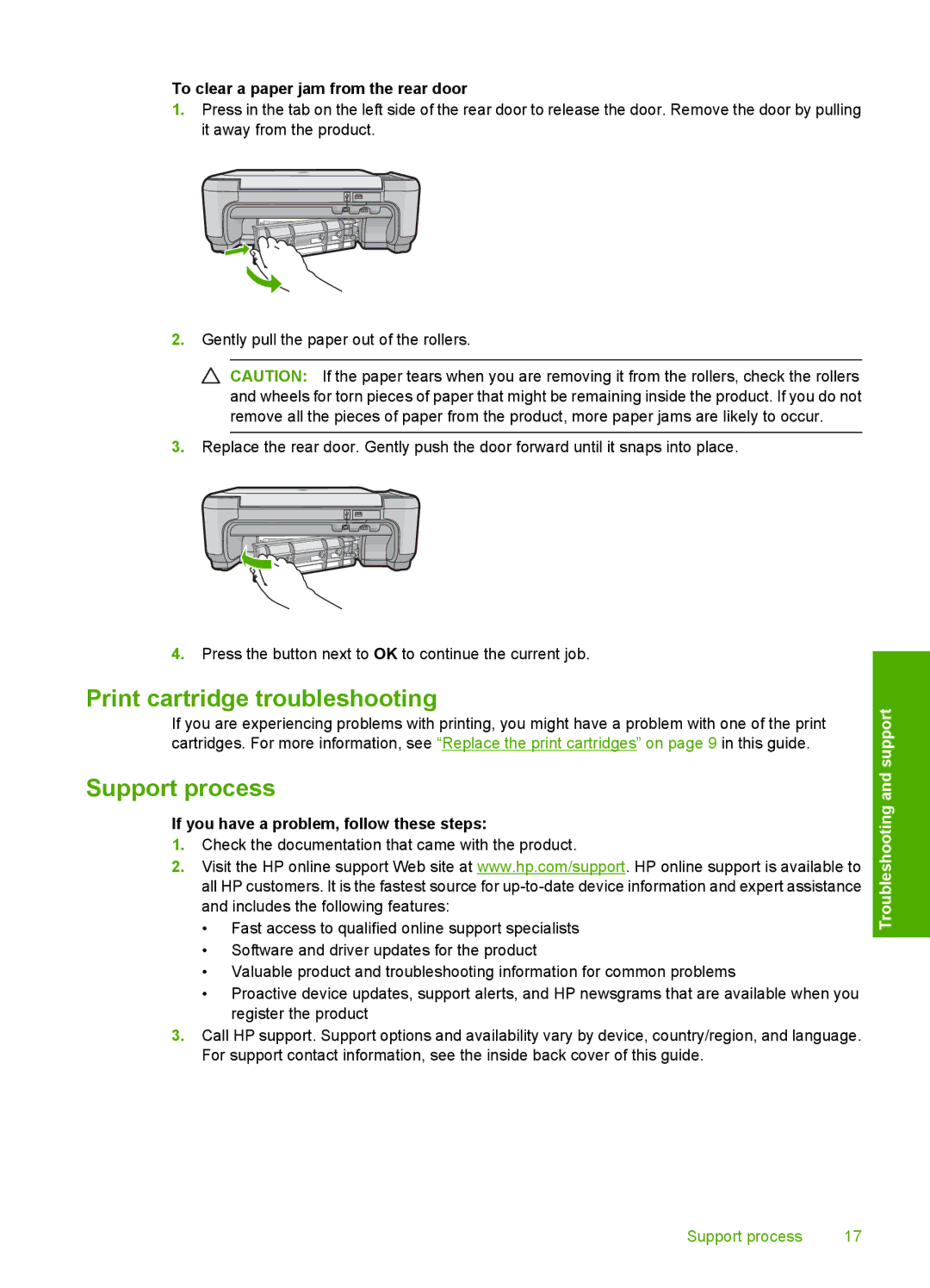 HP C4440, C4485, C4472, C4480 manual Print cartridge troubleshooting, Support process, To clear a paper jam from the rear door 