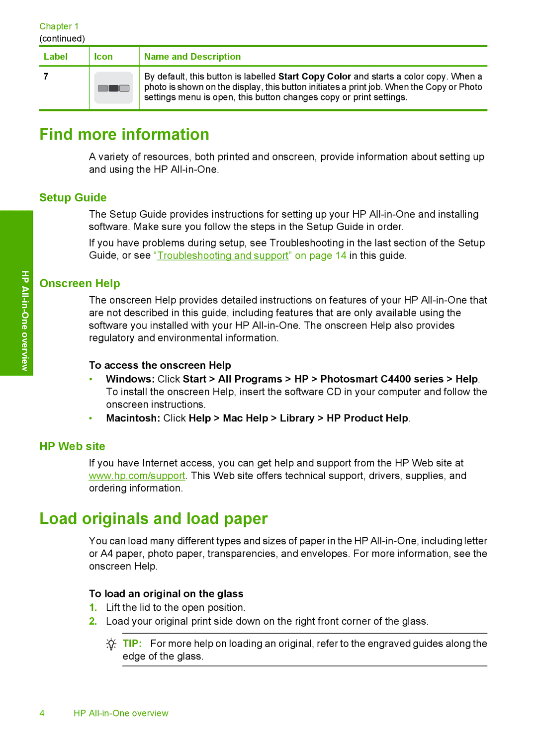 HP C4472, C4485, C4480, C4435, C4440 Find more information, Load originals and load paper, To load an original on the glass 