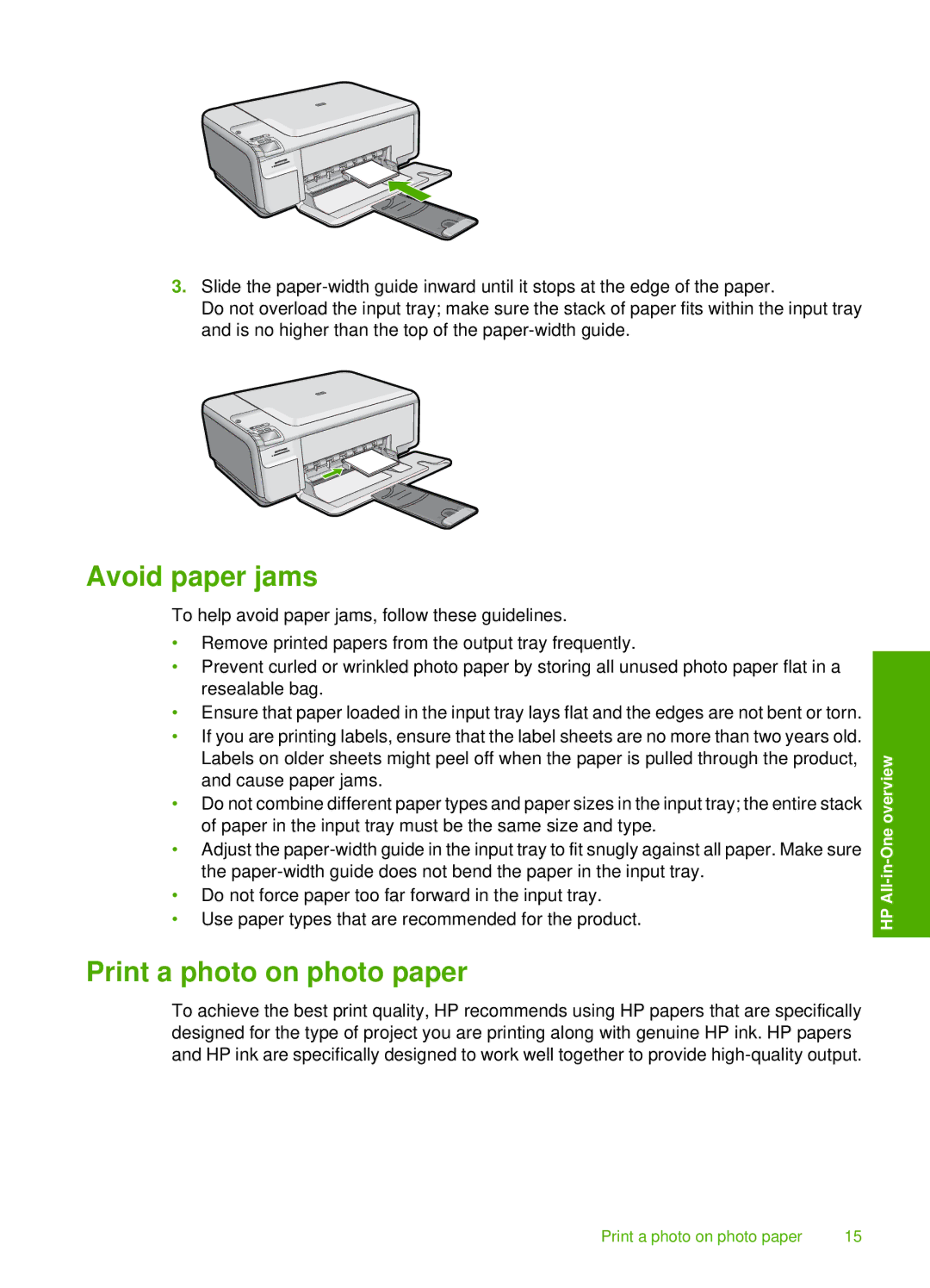 HP C4500 manual Avoid paper jams, Print a photo on photo paper 