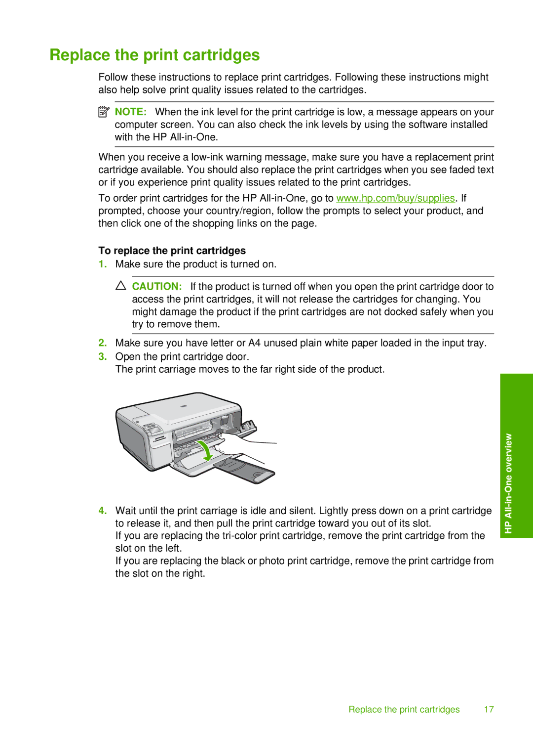 HP C4500 manual Replace the print cartridges, To replace the print cartridges 