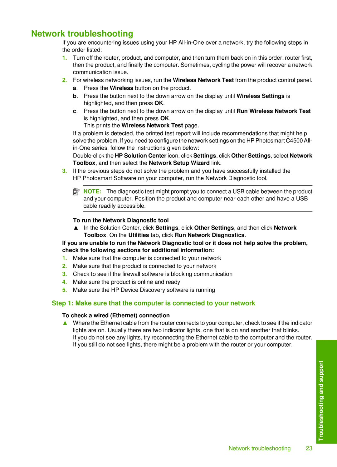 HP C4500 manual Network troubleshooting, Make sure that the computer is connected to your network 