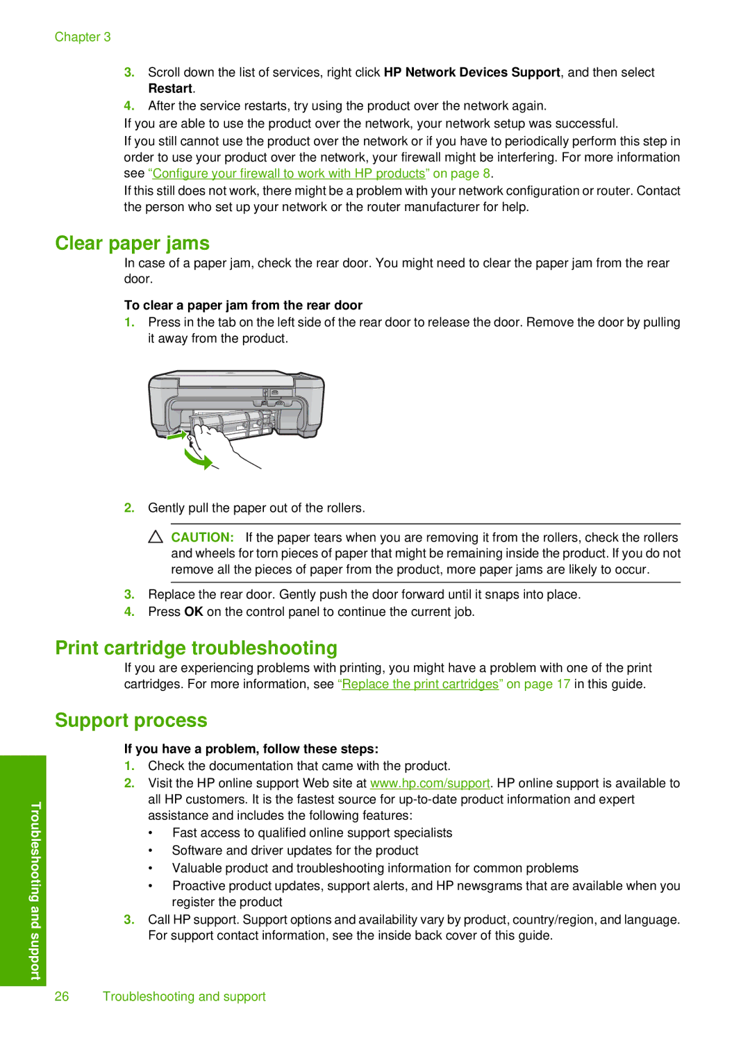 HP C4500 manual Clear paper jams, Print cartridge troubleshooting, Support process, To clear a paper jam from the rear door 