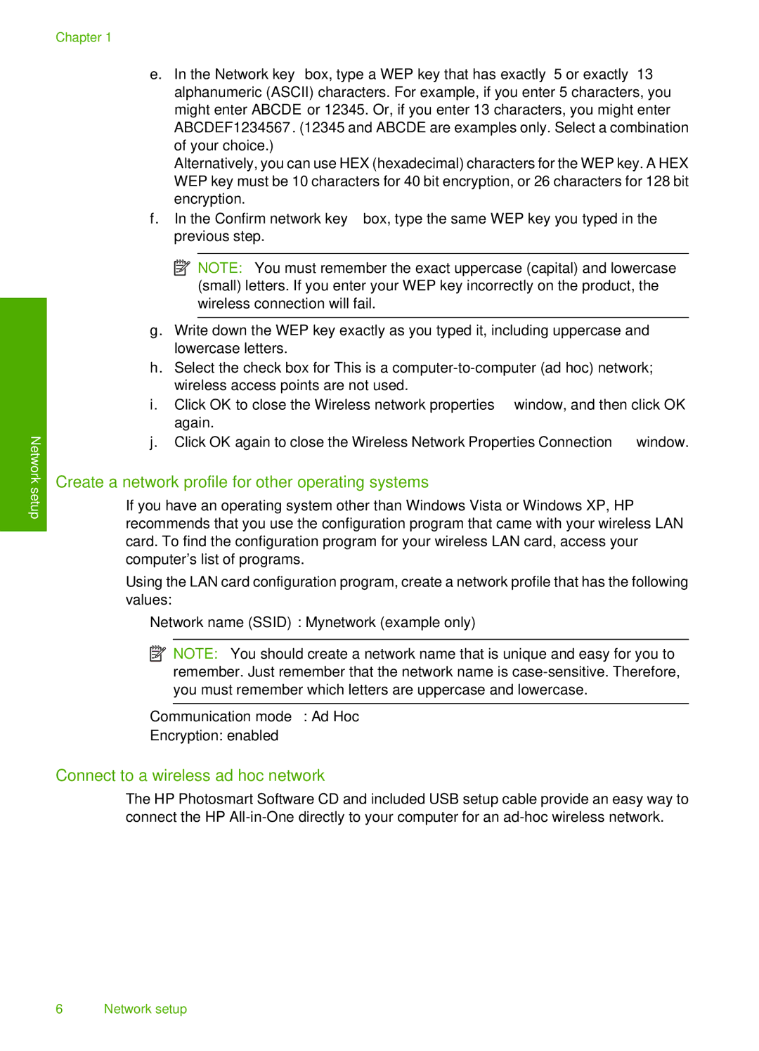 HP C4500 manual Create a network profile for other operating systems, Connect to a wireless ad hoc network 