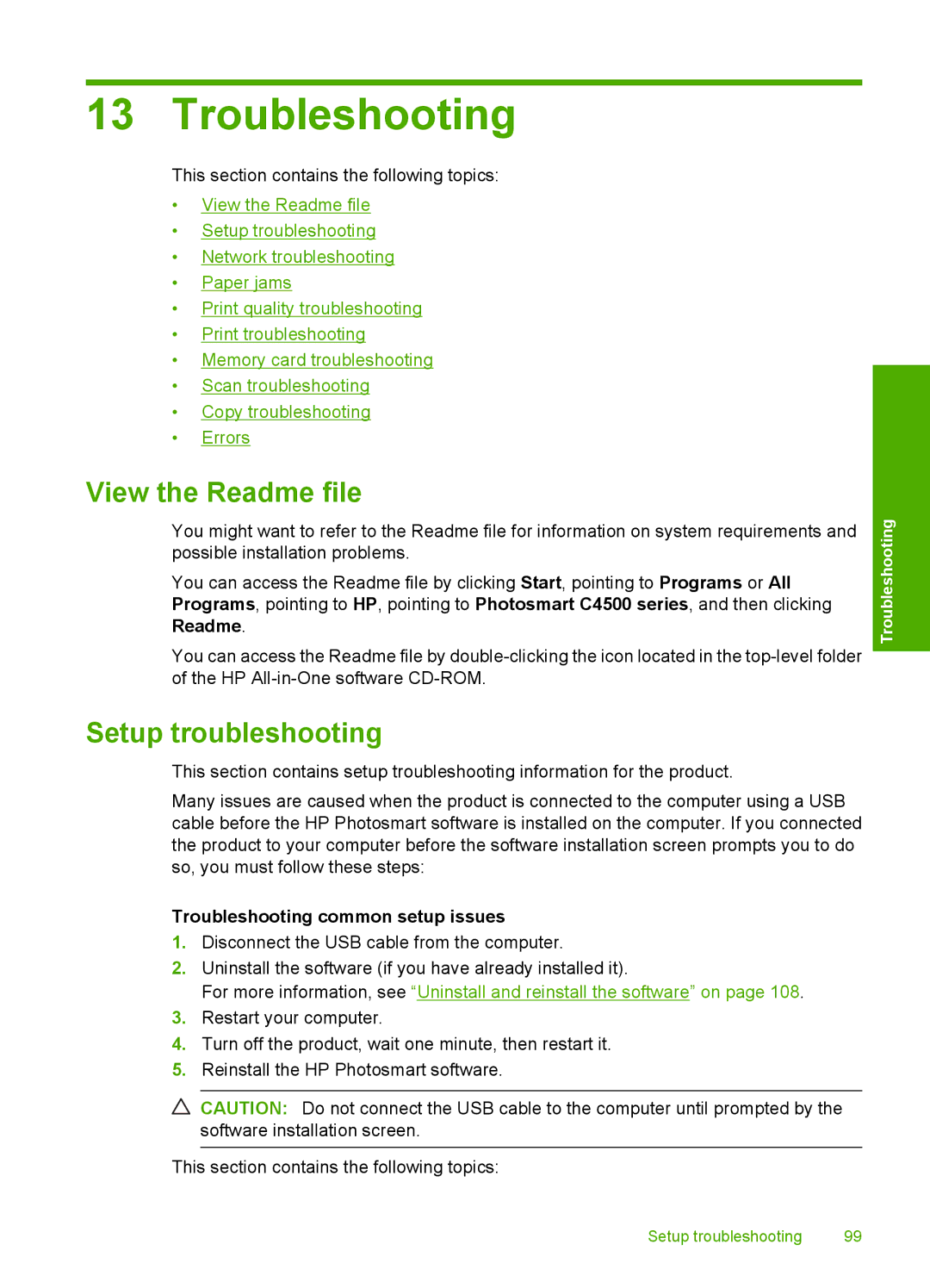 HP C4580, C4599 manual View the Readme file, Setup troubleshooting, Troubleshooting common setup issues 