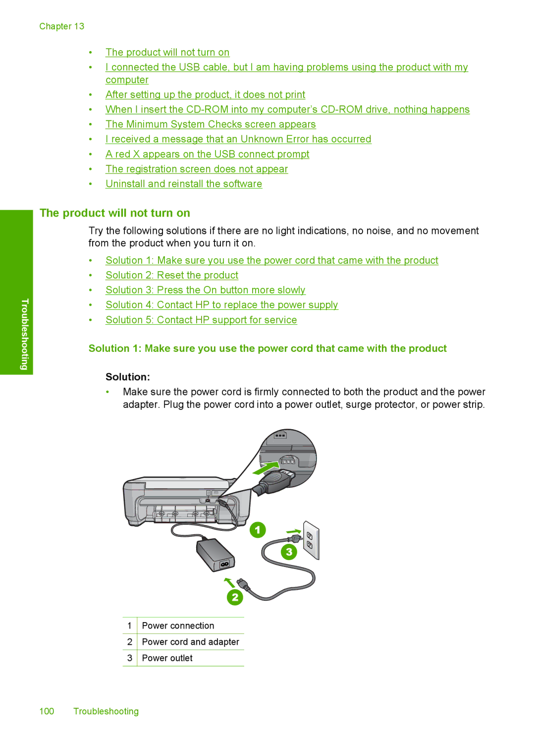 HP C4599, C4580 manual Product will not turn on, Solution 