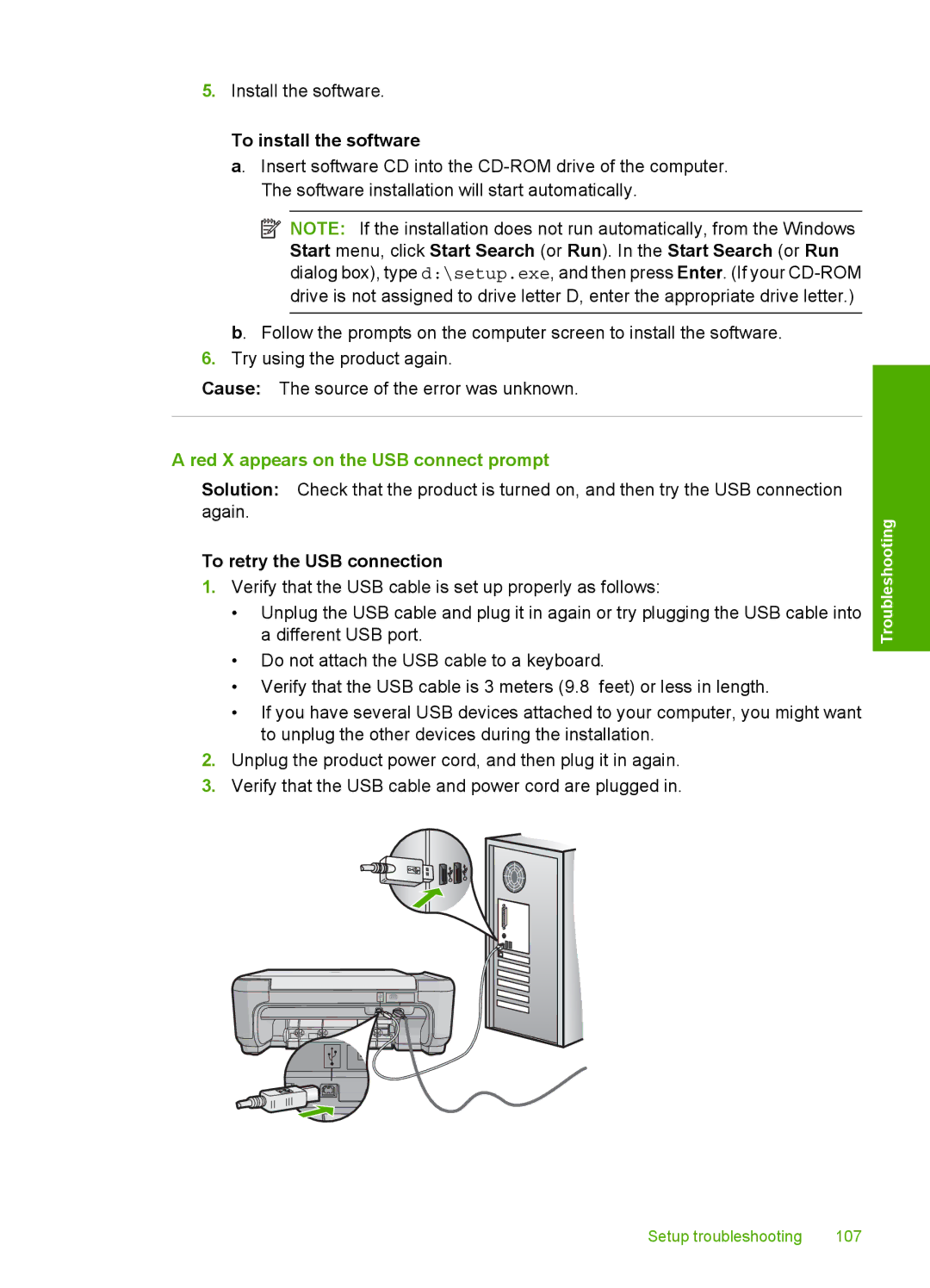 HP C4580, C4599 manual To install the software, Red X appears on the USB connect prompt, To retry the USB connection 