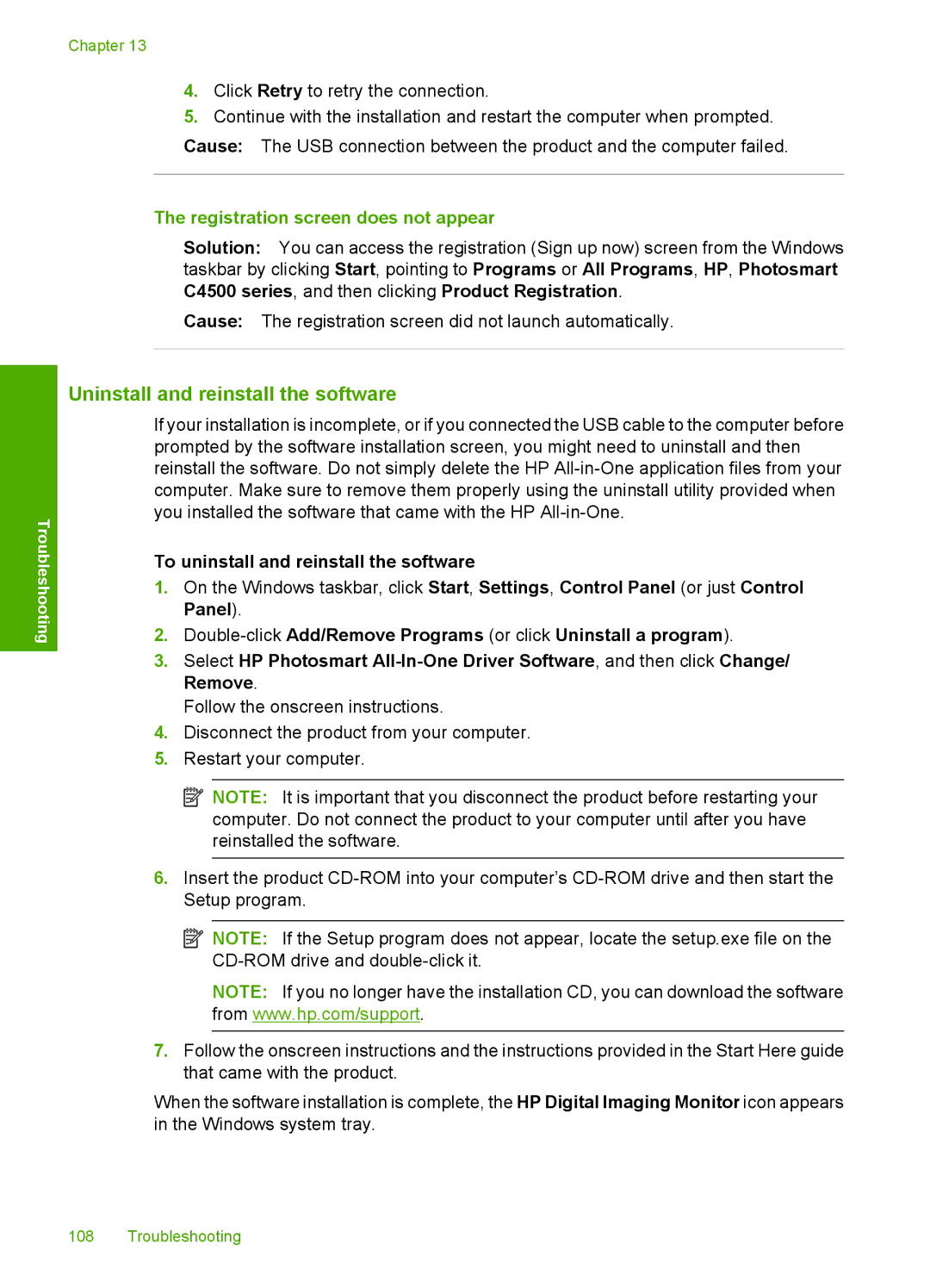 HP C4599, C4580 manual Uninstall and reinstall the software, Registration screen does not appear 