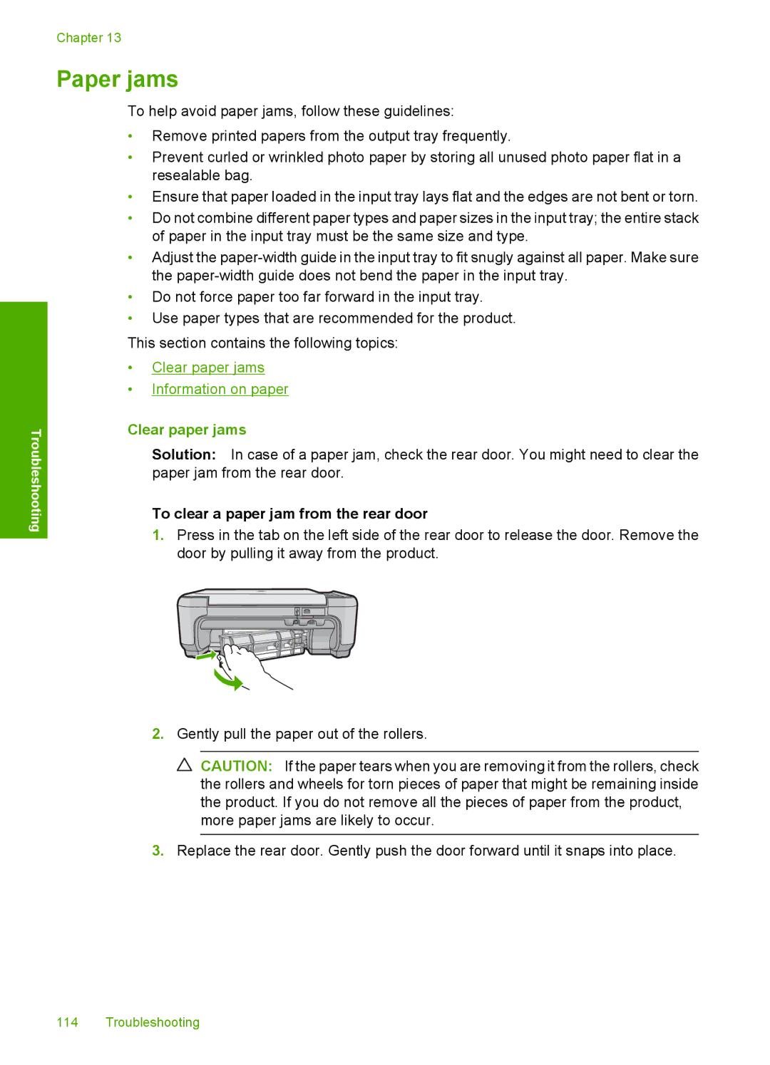 HP C4599, C4580 manual Paper jams, Clear paper jams, To clear a paper jam from the rear door 