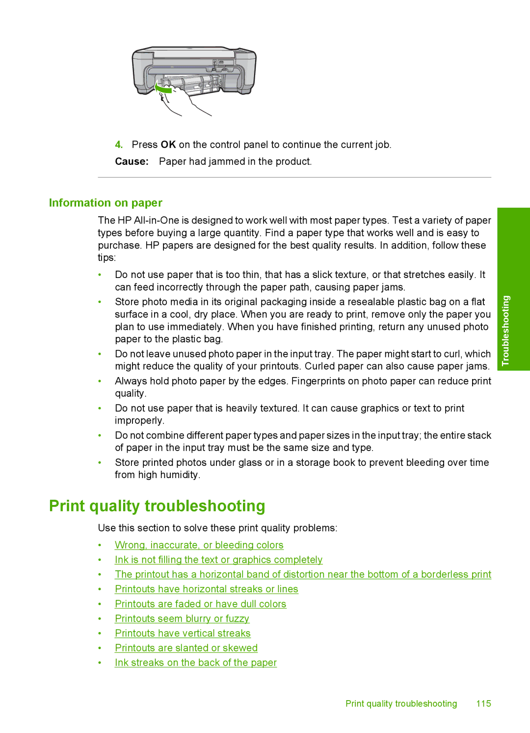 HP C4580, C4599 manual Print quality troubleshooting, Information on paper 