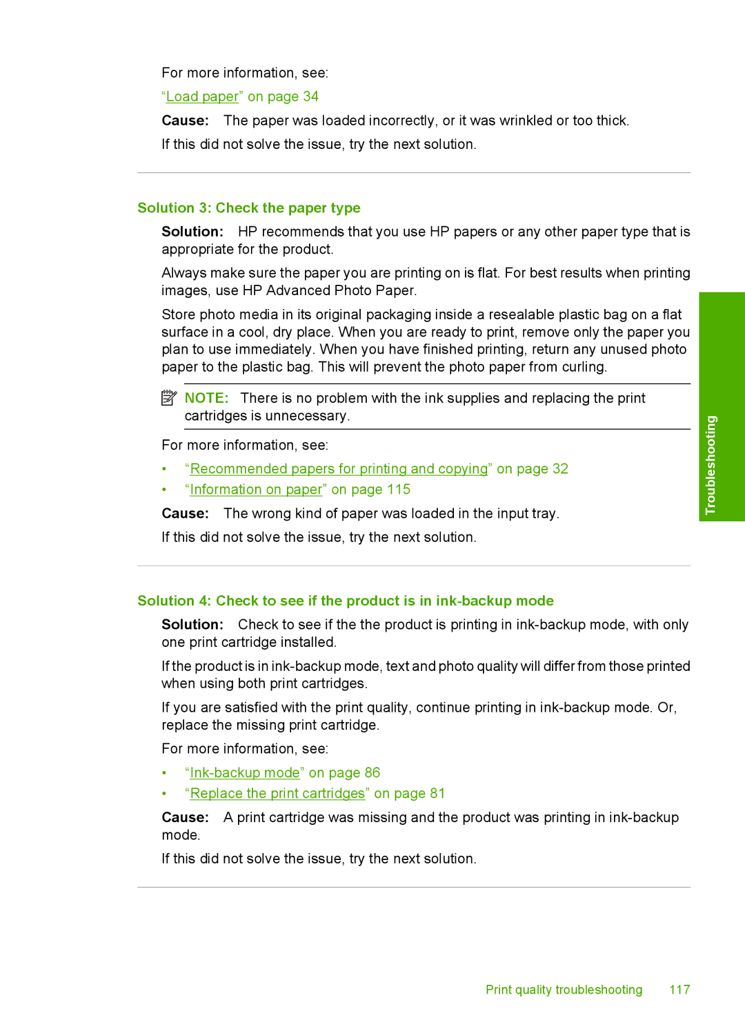 HP C4580, C4599 manual Solution 3 Check the paper type, Solution 4 Check to see if the product is in ink-backup mode 