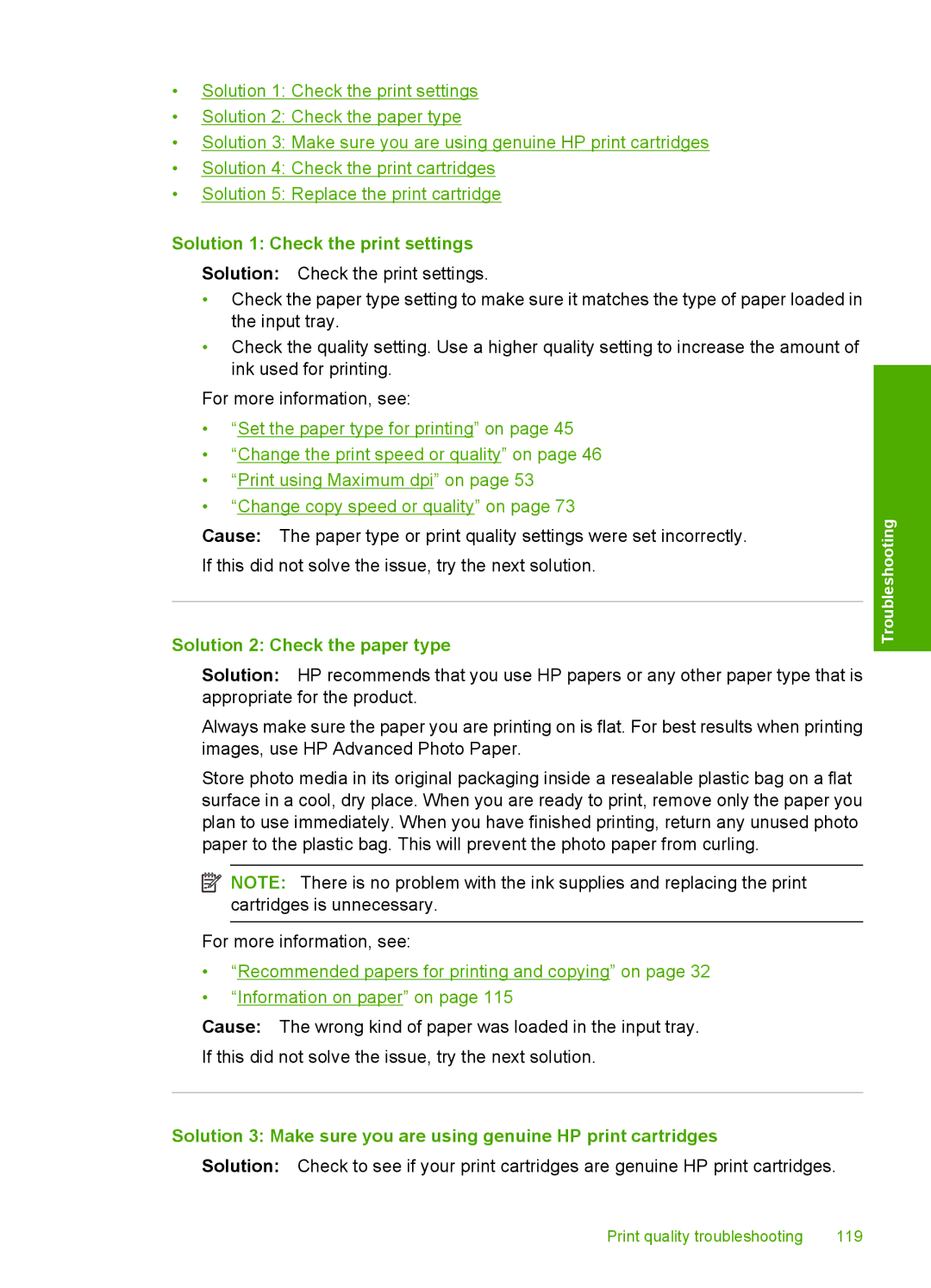 HP C4580, C4599 manual Solution 1 Check the print settings, Solution 2 Check the paper type 