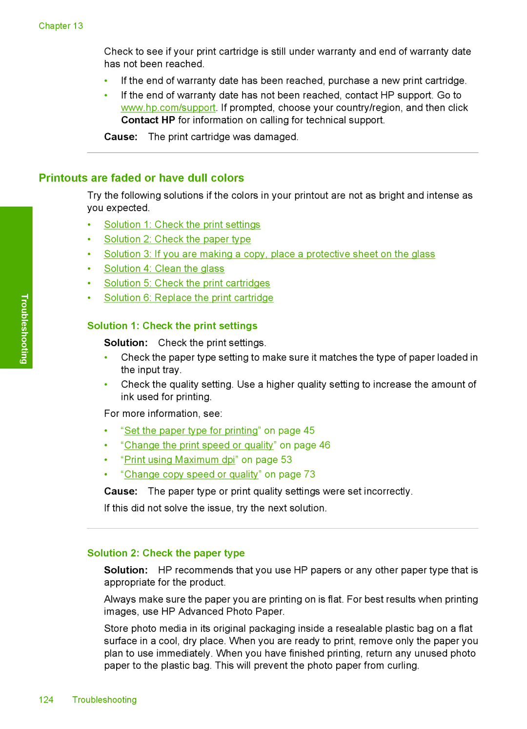 HP C4599, C4580 manual Printouts are faded or have dull colors, Solution 1 Check the print settings 