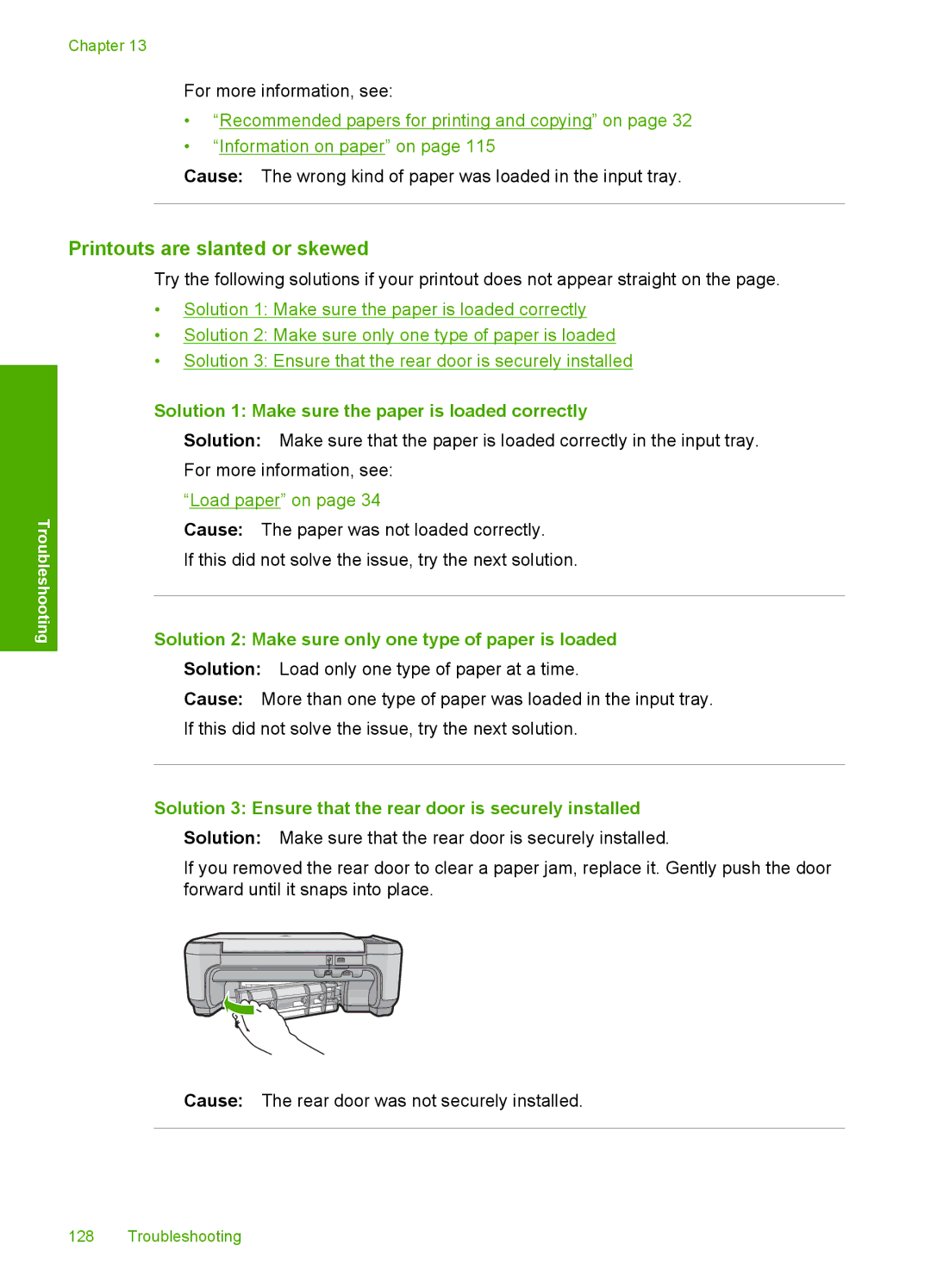 HP C4599, C4580 manual Printouts are slanted or skewed, Solution 2 Make sure only one type of paper is loaded 