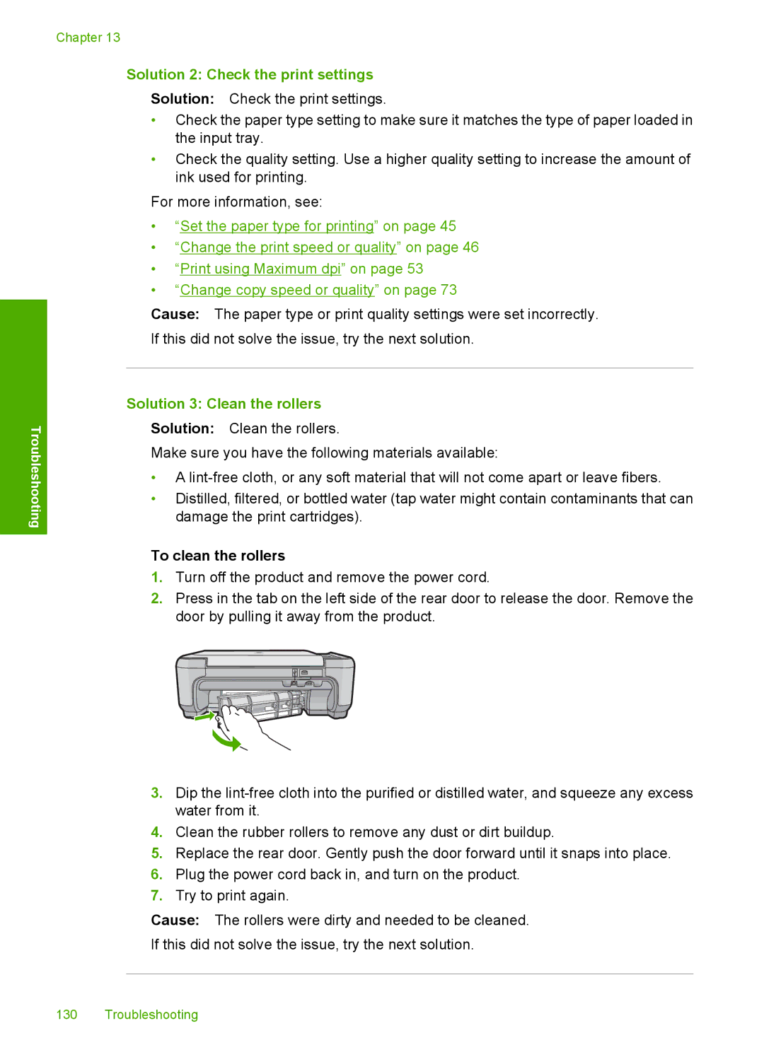 HP C4599, C4580 manual Solution 2 Check the print settings, Solution 3 Clean the rollers, To clean the rollers 