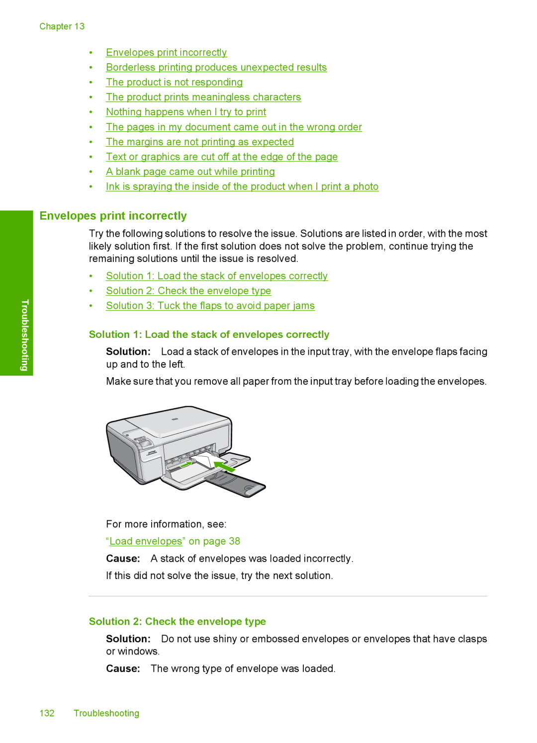 HP C4599 Envelopes print incorrectly, Solution 1 Load the stack of envelopes correctly, Solution 2 Check the envelope type 