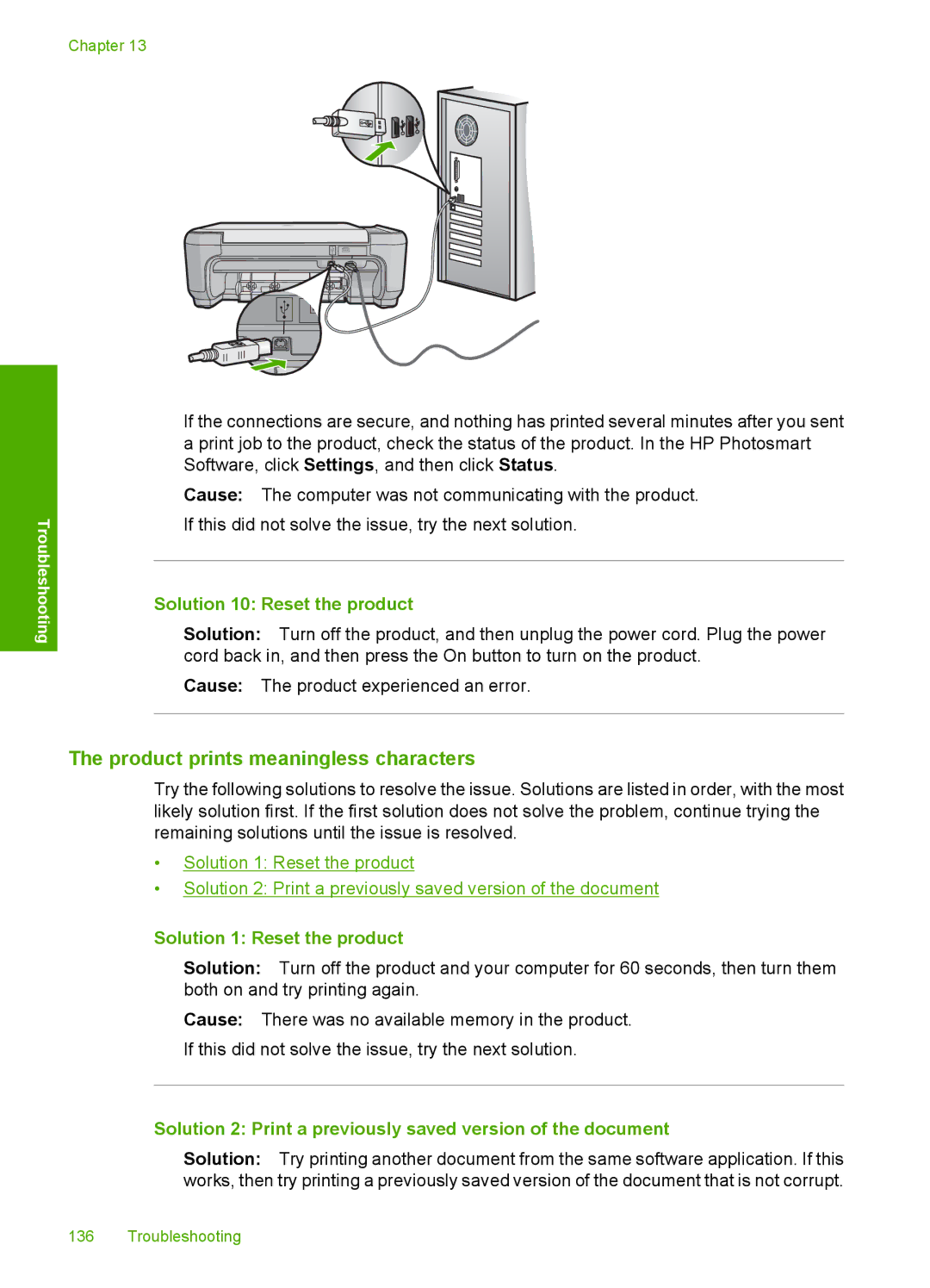 HP C4599, C4580 manual Product prints meaningless characters, Solution 10 Reset the product, Solution 1 Reset the product 